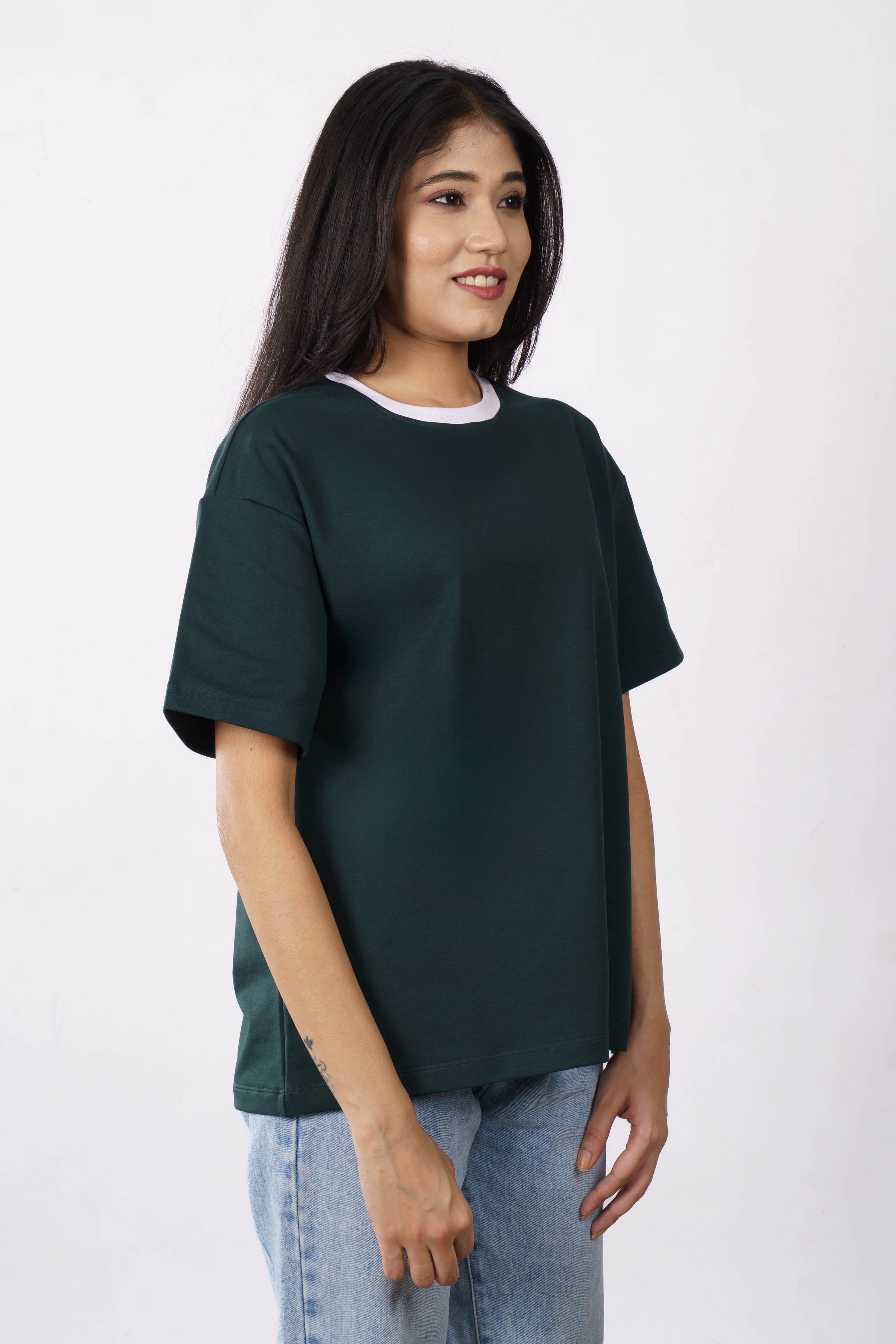 Premium Cotton Terry Lycra Oversized T-Shirt for Women | Bottle Green | 240 GSM | Ribbed Crew Neck