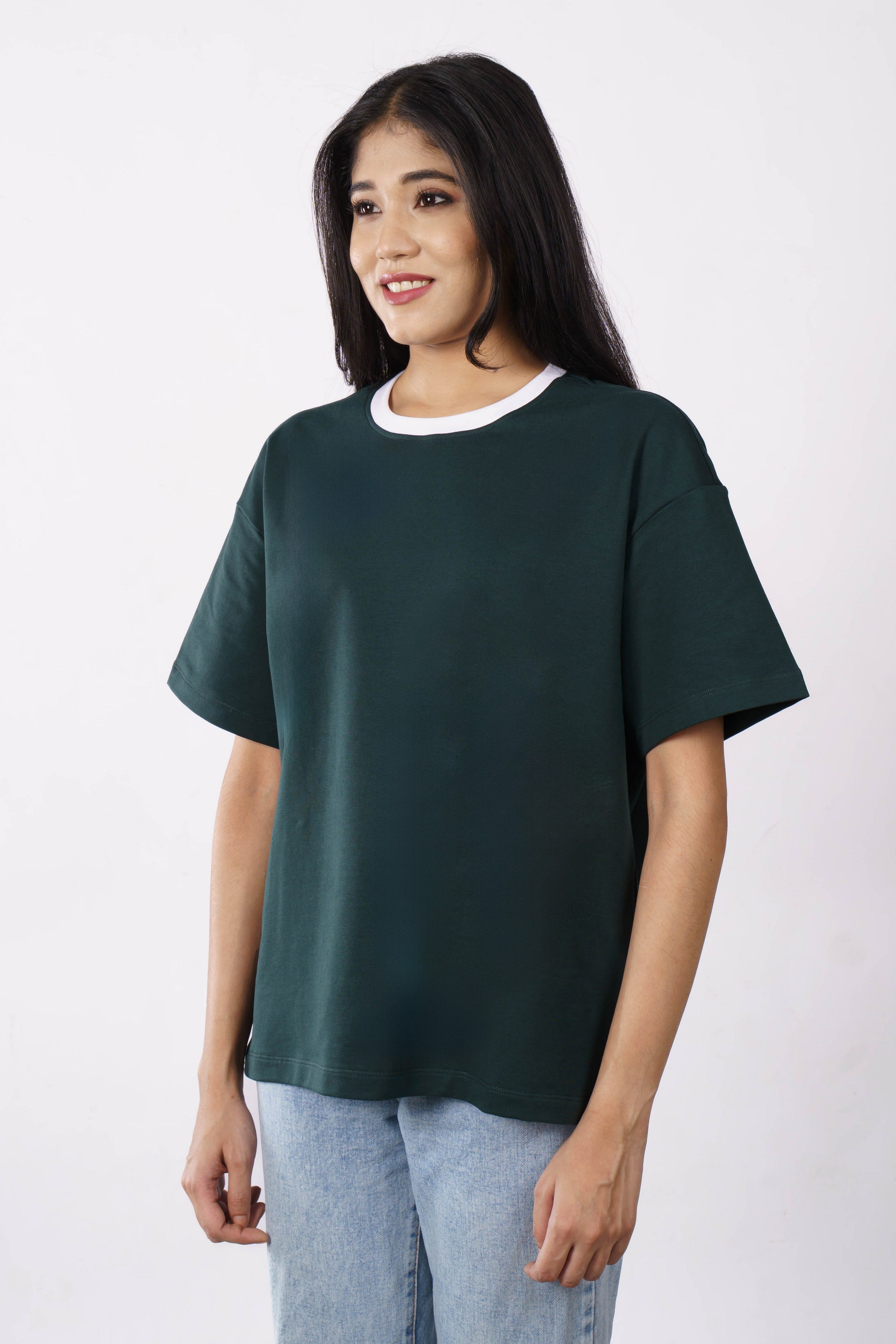 Premium Cotton Terry Lycra Oversized T-Shirt for Women | Bottle Green | 240 GSM | Ribbed Crew Neck