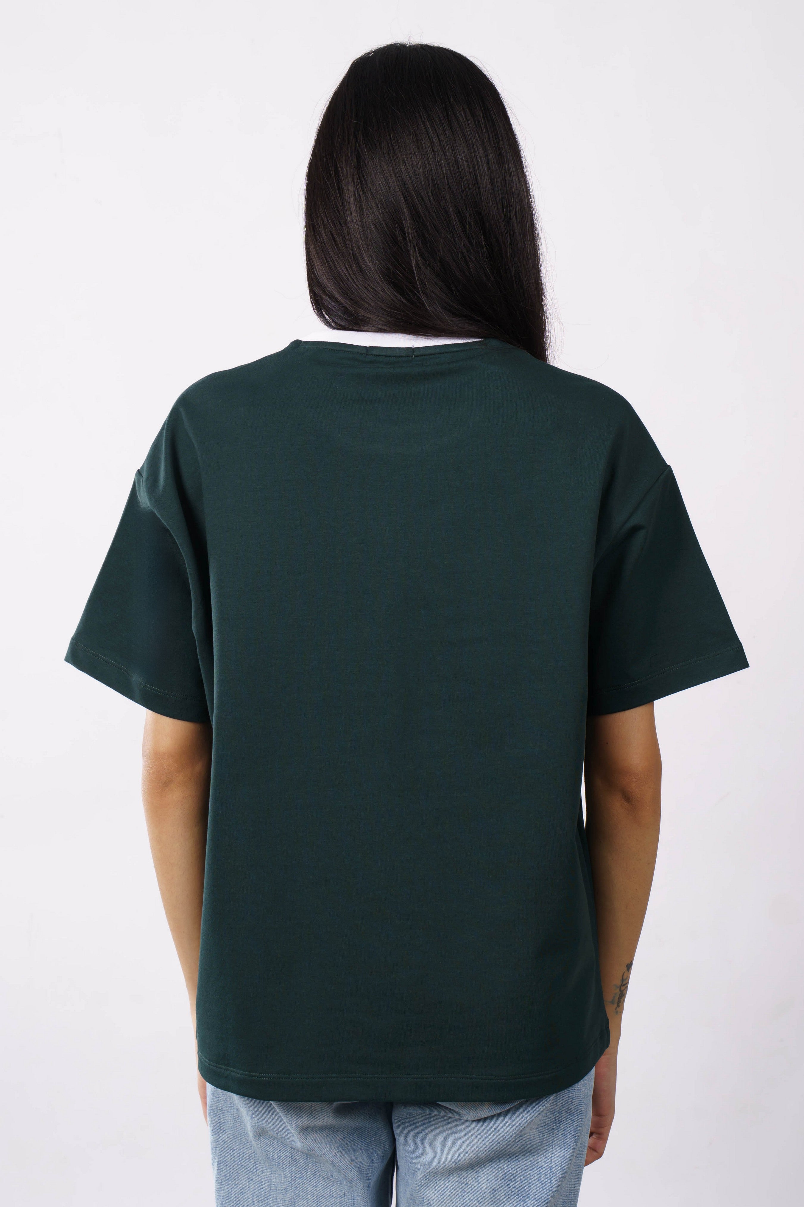 Premium Cotton Terry Lycra Oversized T-Shirt for Women | Bottle Green | 240 GSM | Ribbed Crew Neck