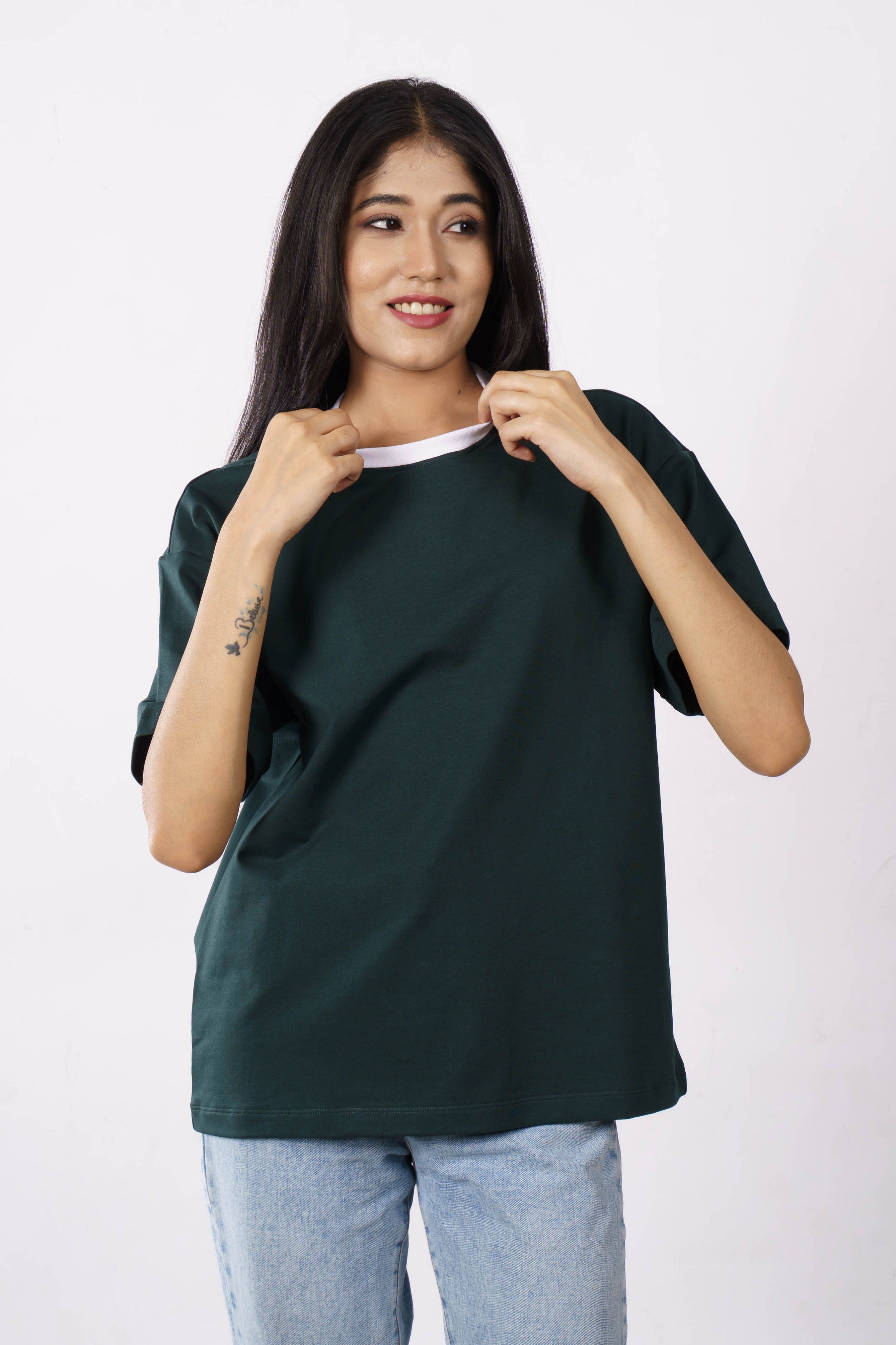 Premium Cotton Terry Lycra Oversized T-Shirt for Women | Bottle Green | 240 GSM | Ribbed Crew Neck