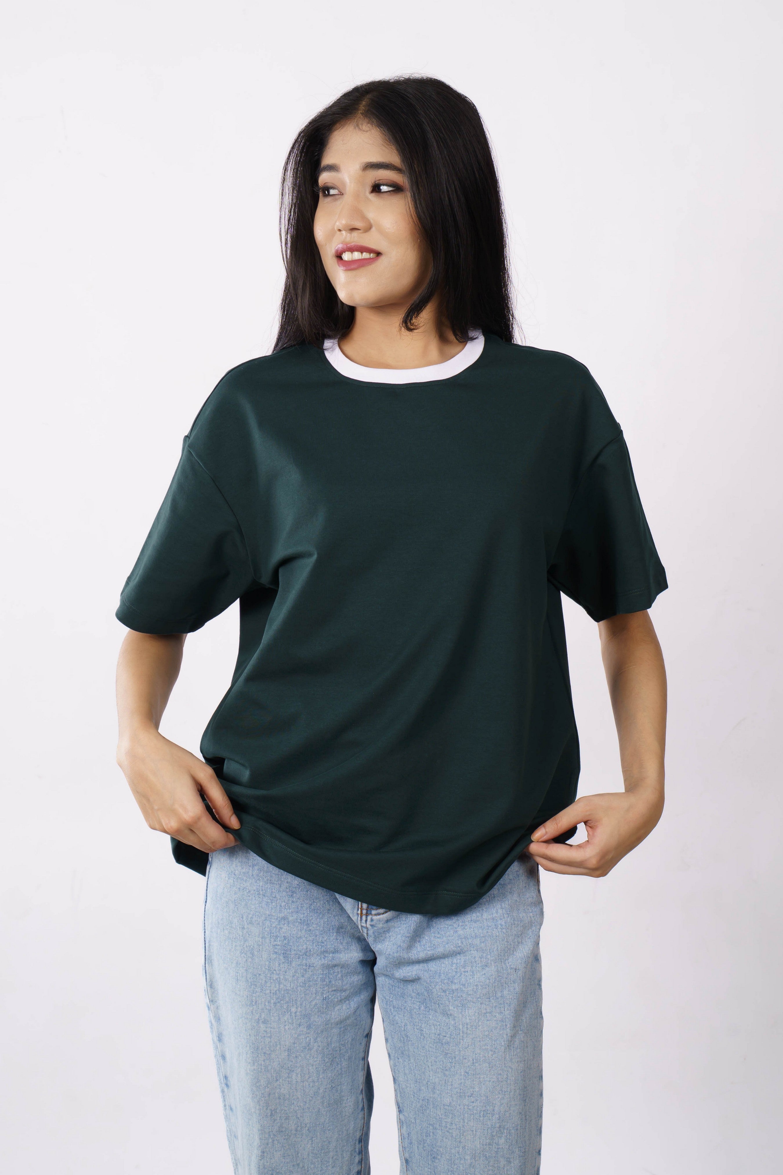 Premium Cotton Terry Lycra Oversized T-Shirt for Women | Bottle Green | 240 GSM | Ribbed Crew Neck