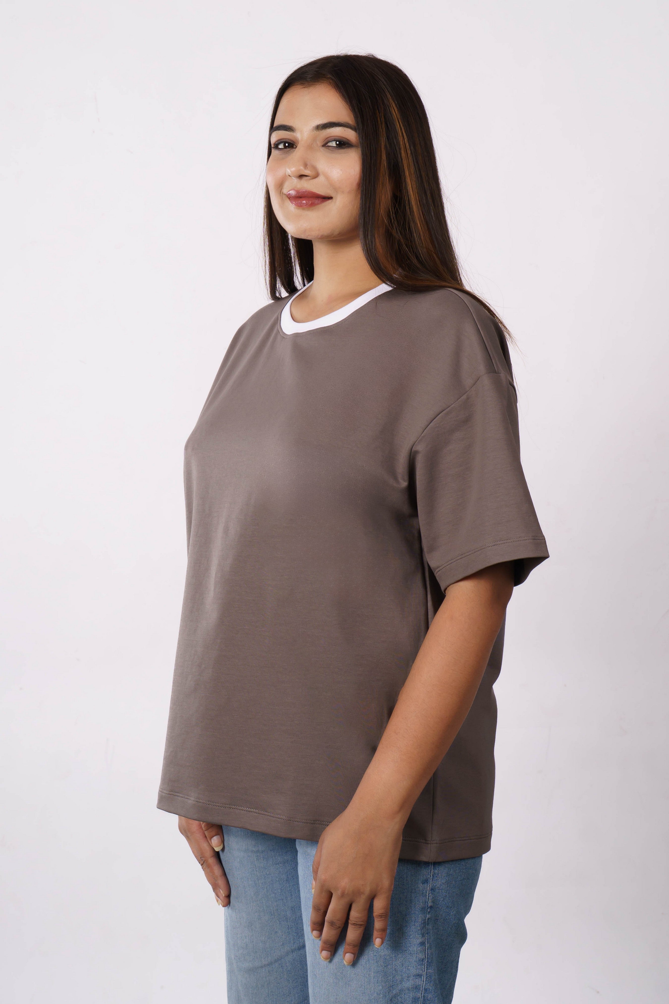 Premium Cotton Terry Lycra Oversized T-Shirt for Women | Dark Onion | 240 GSM | Ribbed Crew Neck