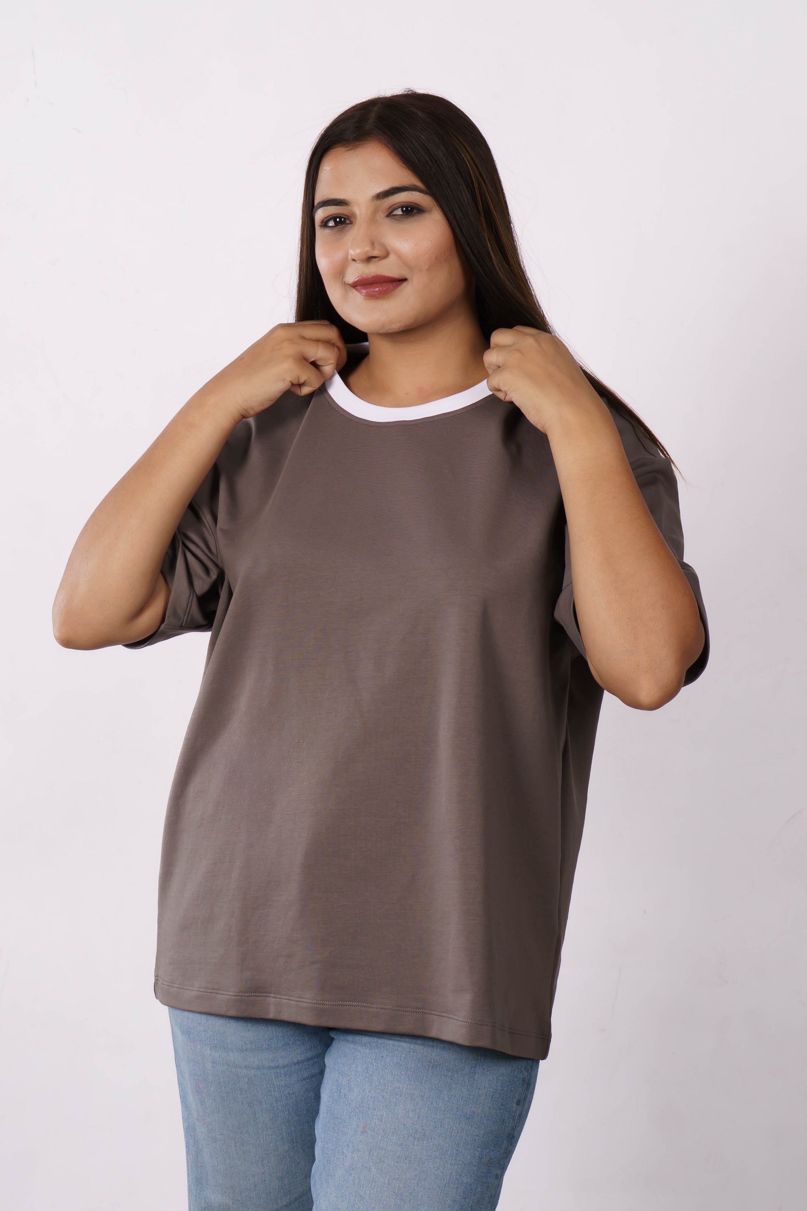 Premium Cotton Terry Lycra Oversized T-Shirt for Women | Dark Onion | 240 GSM | Ribbed Crew Neck