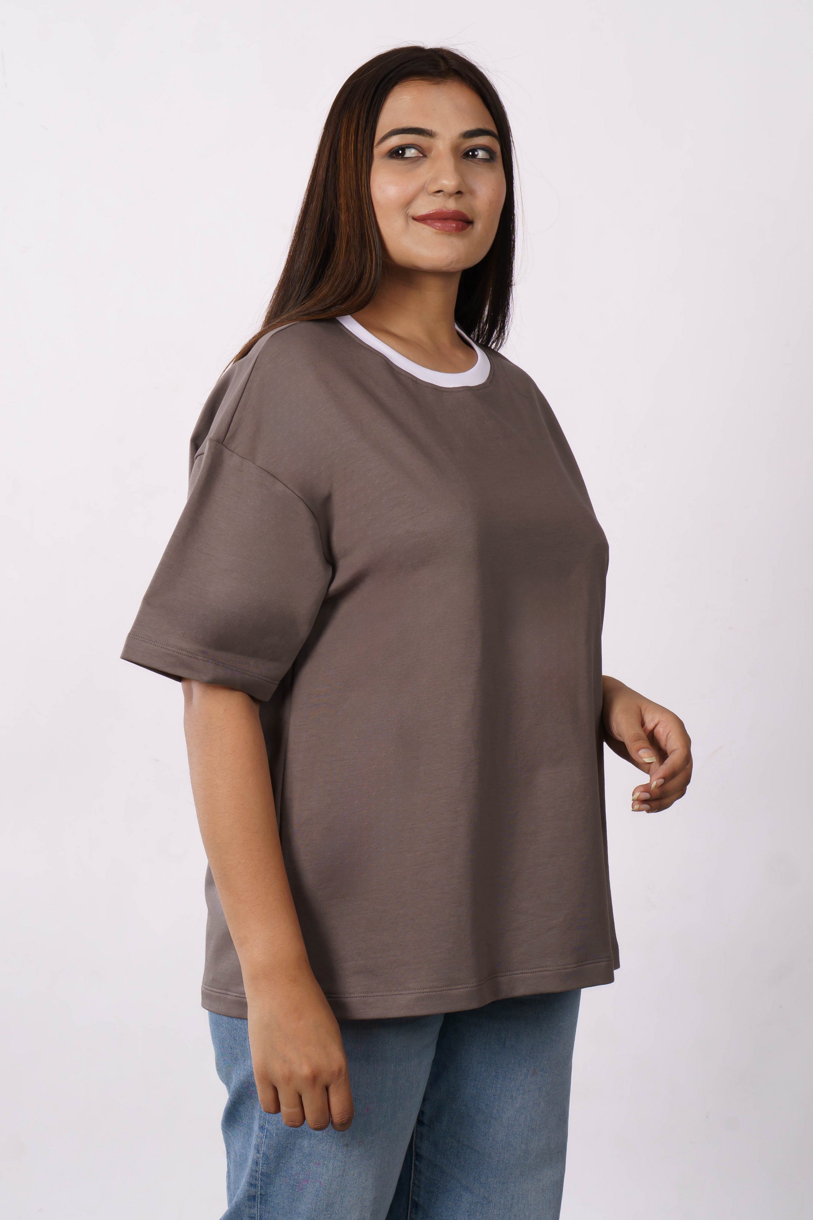 Premium Cotton Terry Lycra Oversized T-Shirt for Women | Dark Onion | 240 GSM | Ribbed Crew Neck