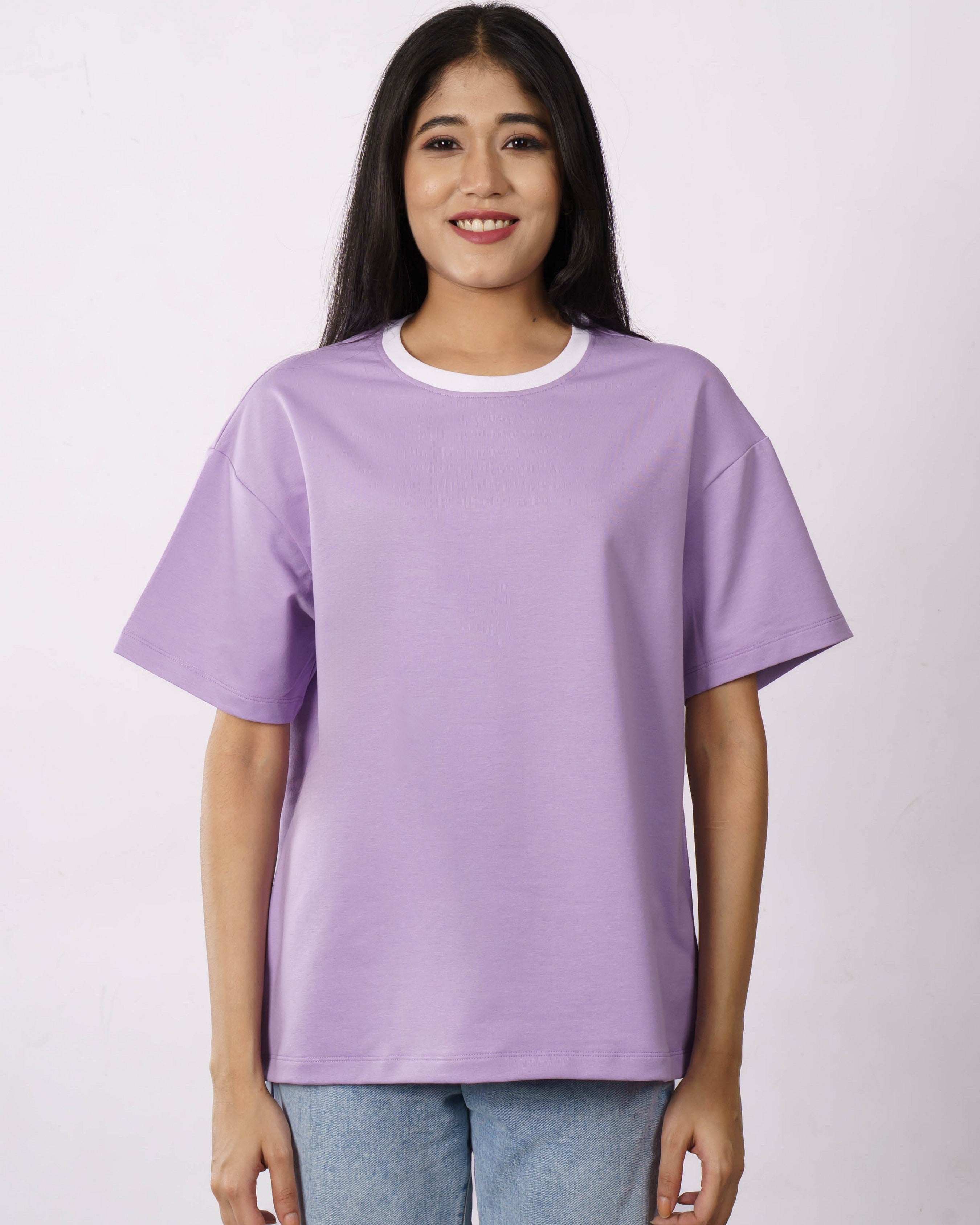 Premium Cotton Terry Lycra Oversized T-Shirt for Women | Lavender | 240 GSM | Ribbed Crew Neck