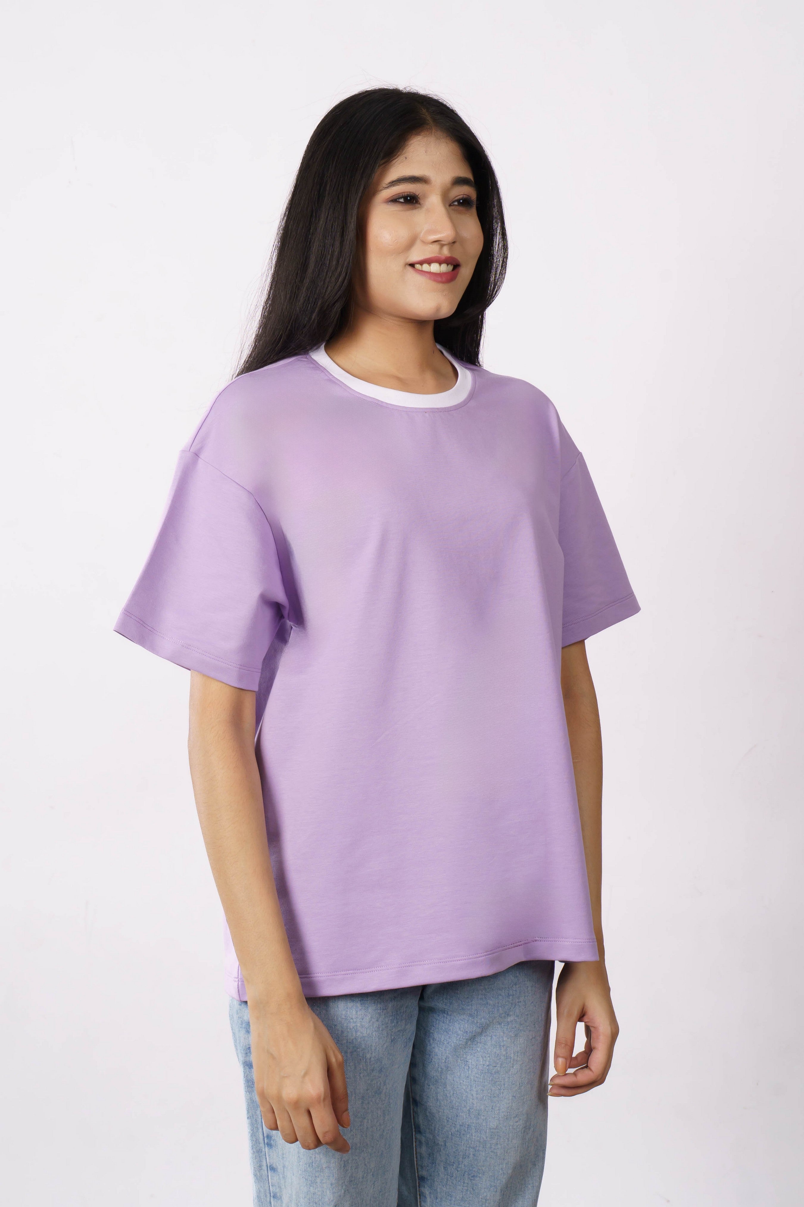 Premium Cotton Terry Lycra Oversized T-Shirt for Women | Lavender | 240 GSM | Ribbed Crew Neck