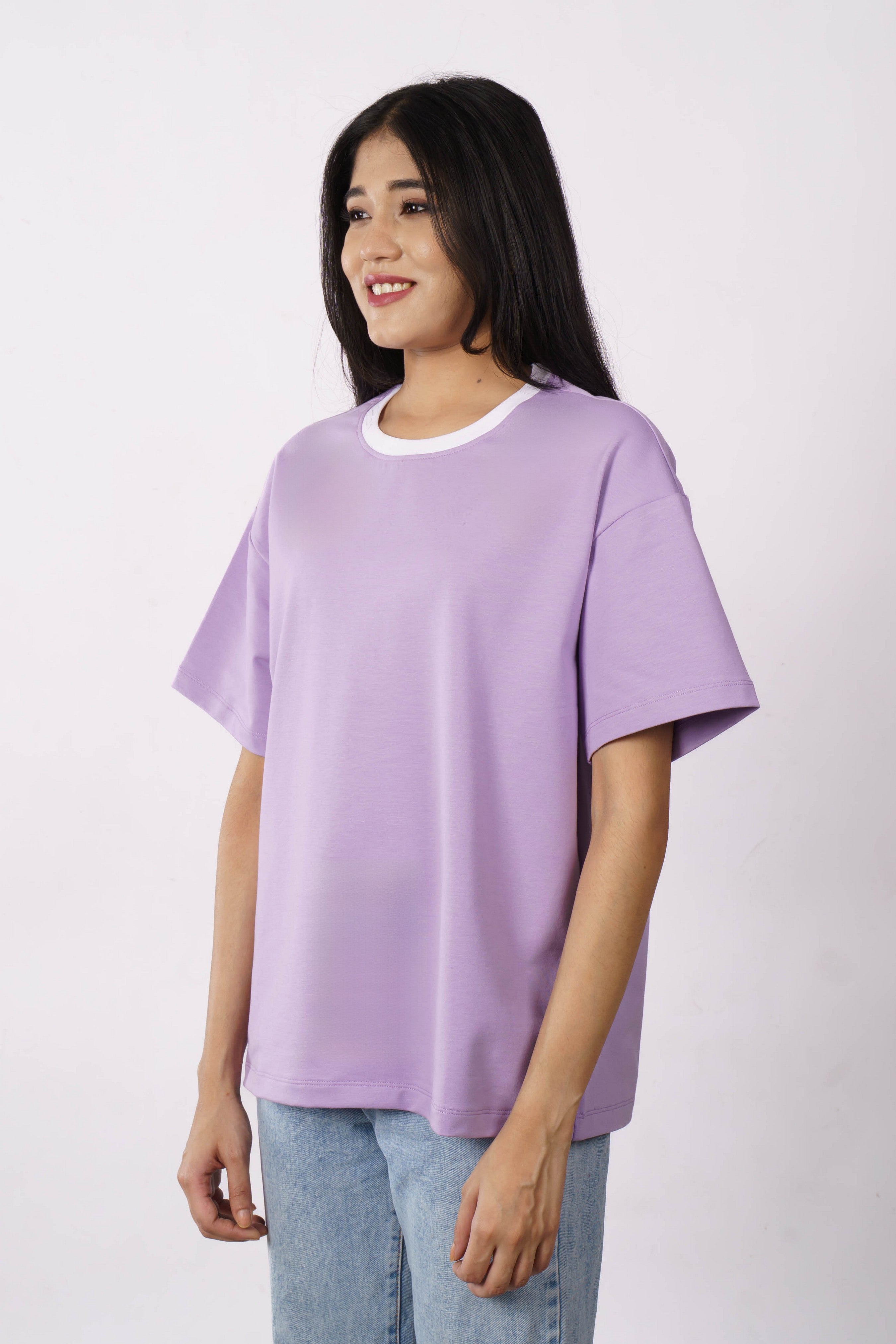 Premium Cotton Terry Lycra Oversized T-Shirt for Women | Lavender | 240 GSM | Ribbed Crew Neck