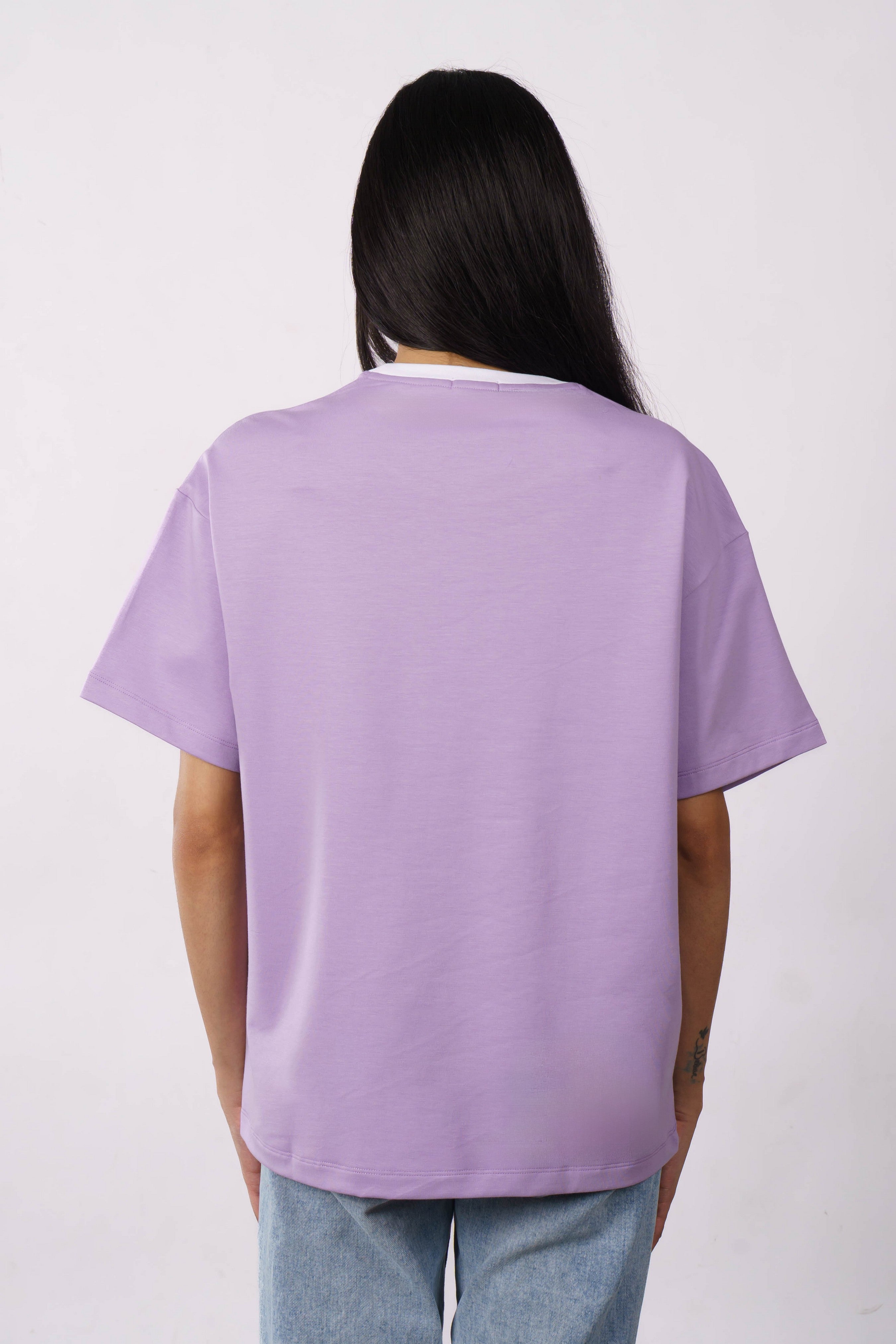 Premium Cotton Terry Lycra Oversized T-Shirt for Women | Lavender | 240 GSM | Ribbed Crew Neck