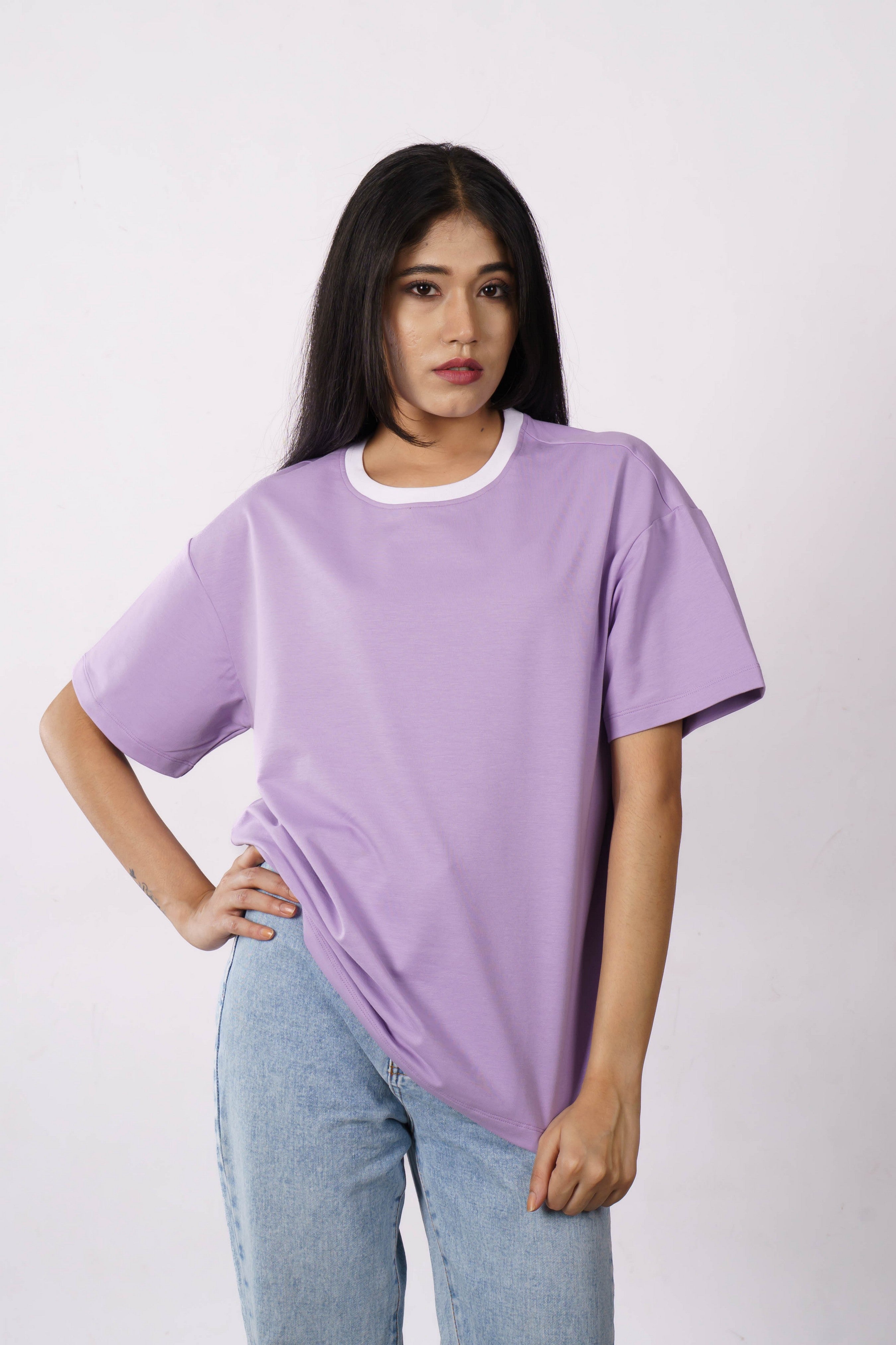 Premium Cotton Terry Lycra Oversized T-Shirt for Women | Lavender | 240 GSM | Ribbed Crew Neck