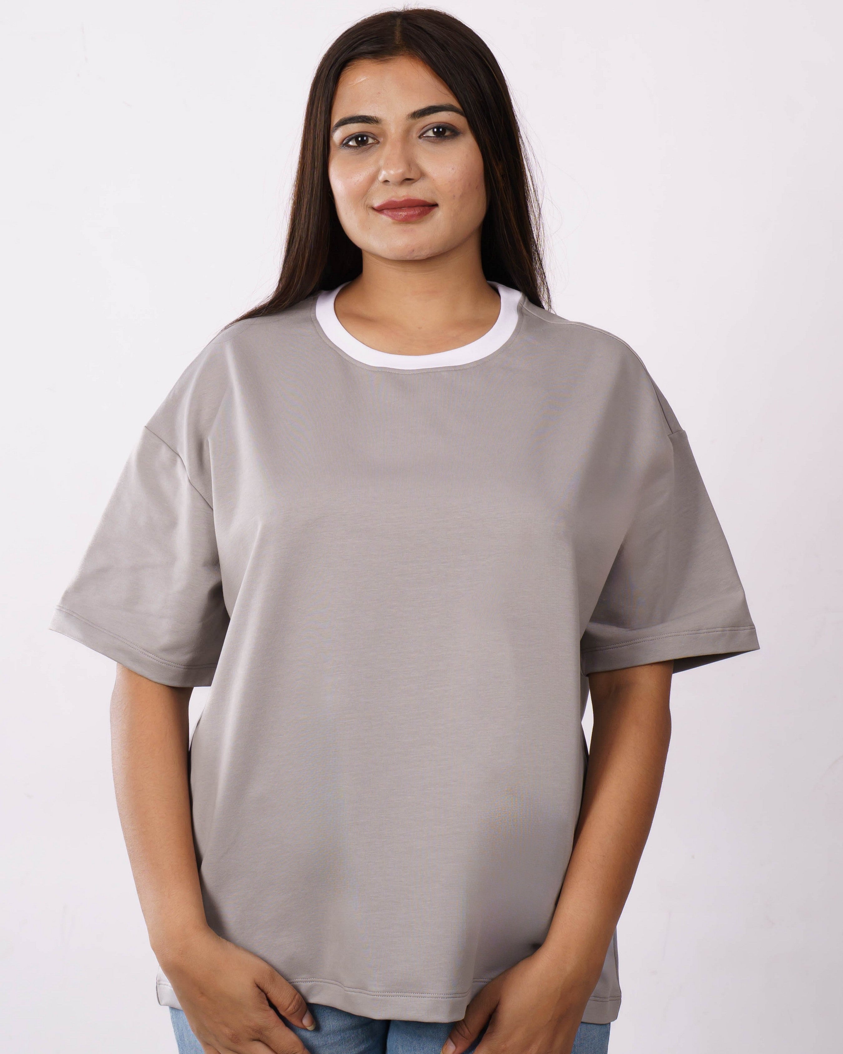 Premium Cotton Terry Lycra Oversized T-Shirt for Women | Light Grey | 240 GSM | Ribbed Crew Neck