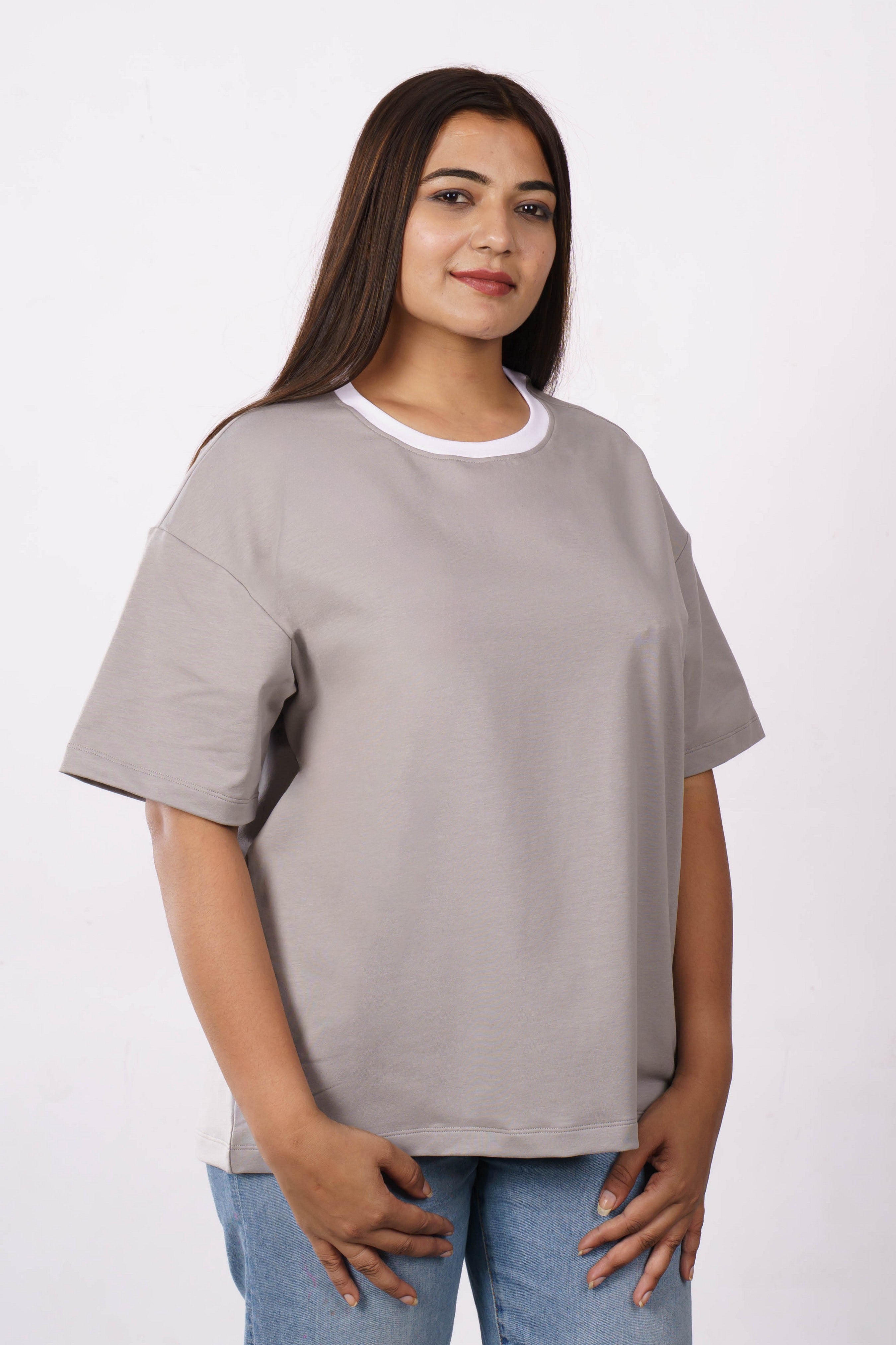 Premium Cotton Terry Lycra Oversized T-Shirt for Women | Light Grey | 240 GSM | Ribbed Crew Neck