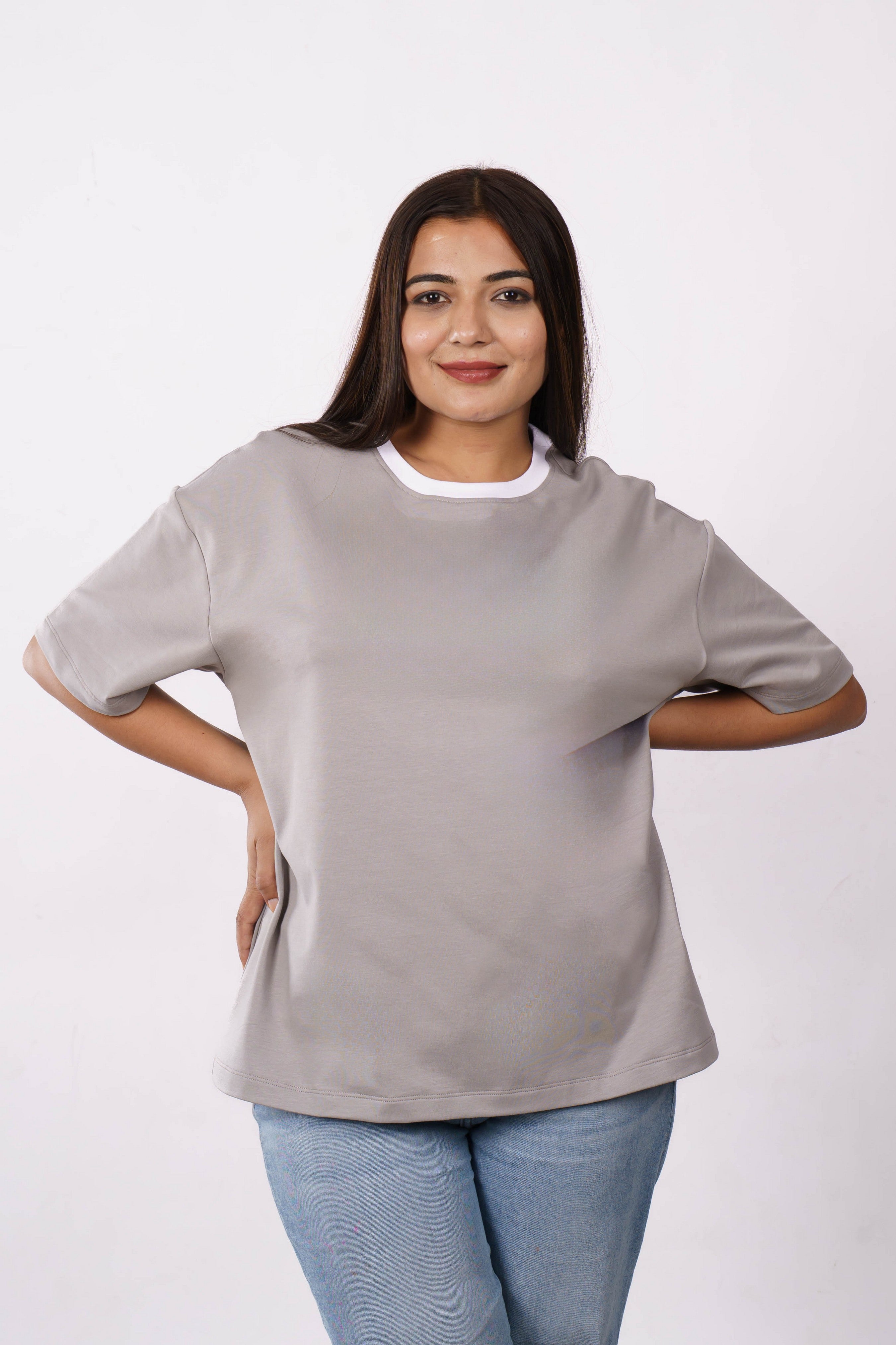 Premium Cotton Terry Lycra Oversized T-Shirt for Women | Light Grey | 240 GSM | Ribbed Crew Neck