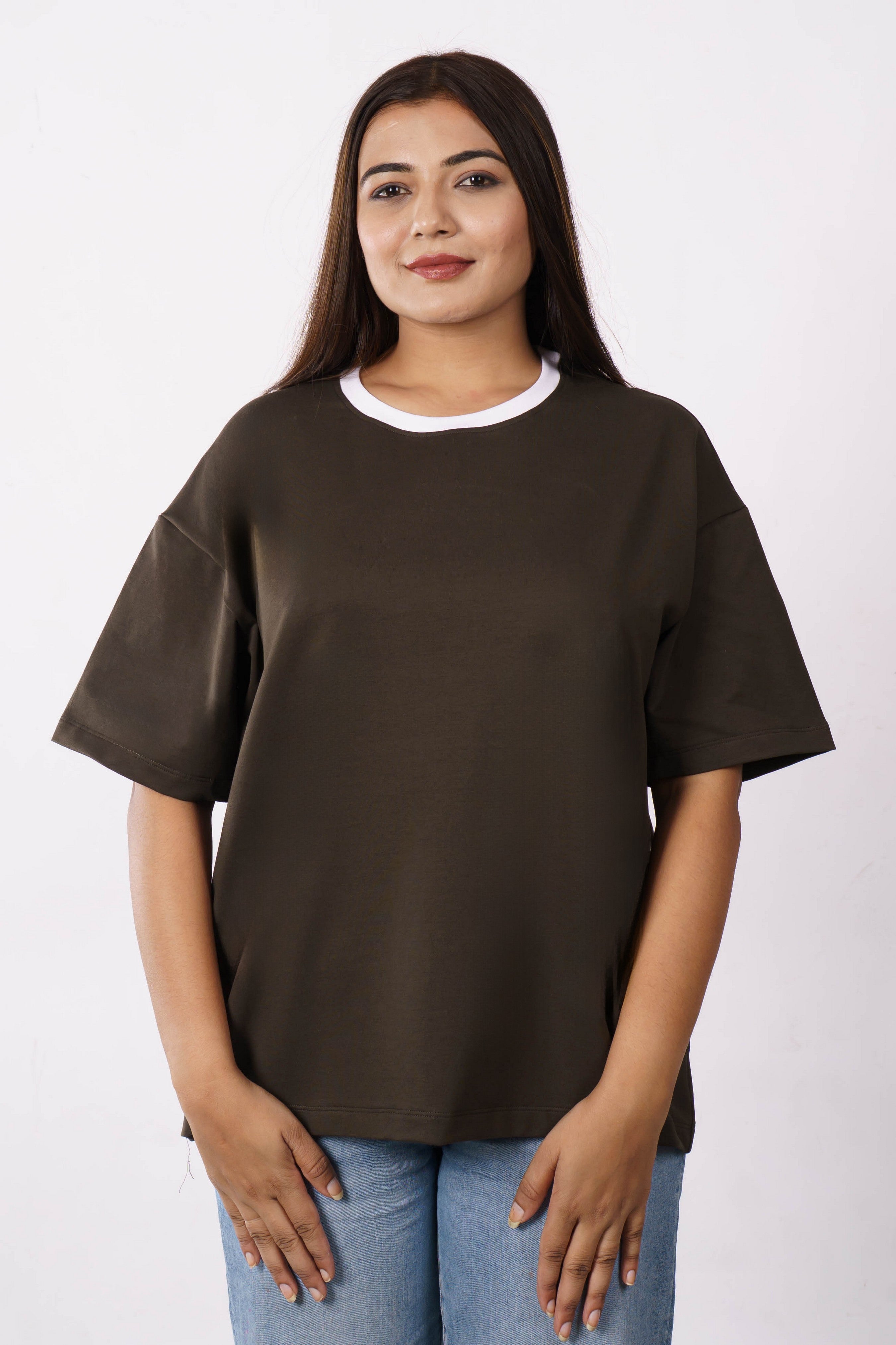 Premium Cotton Terry Lycra Oversized T-Shirt for Women | Olive Green | 240 GSM | Ribbed Crew Neck