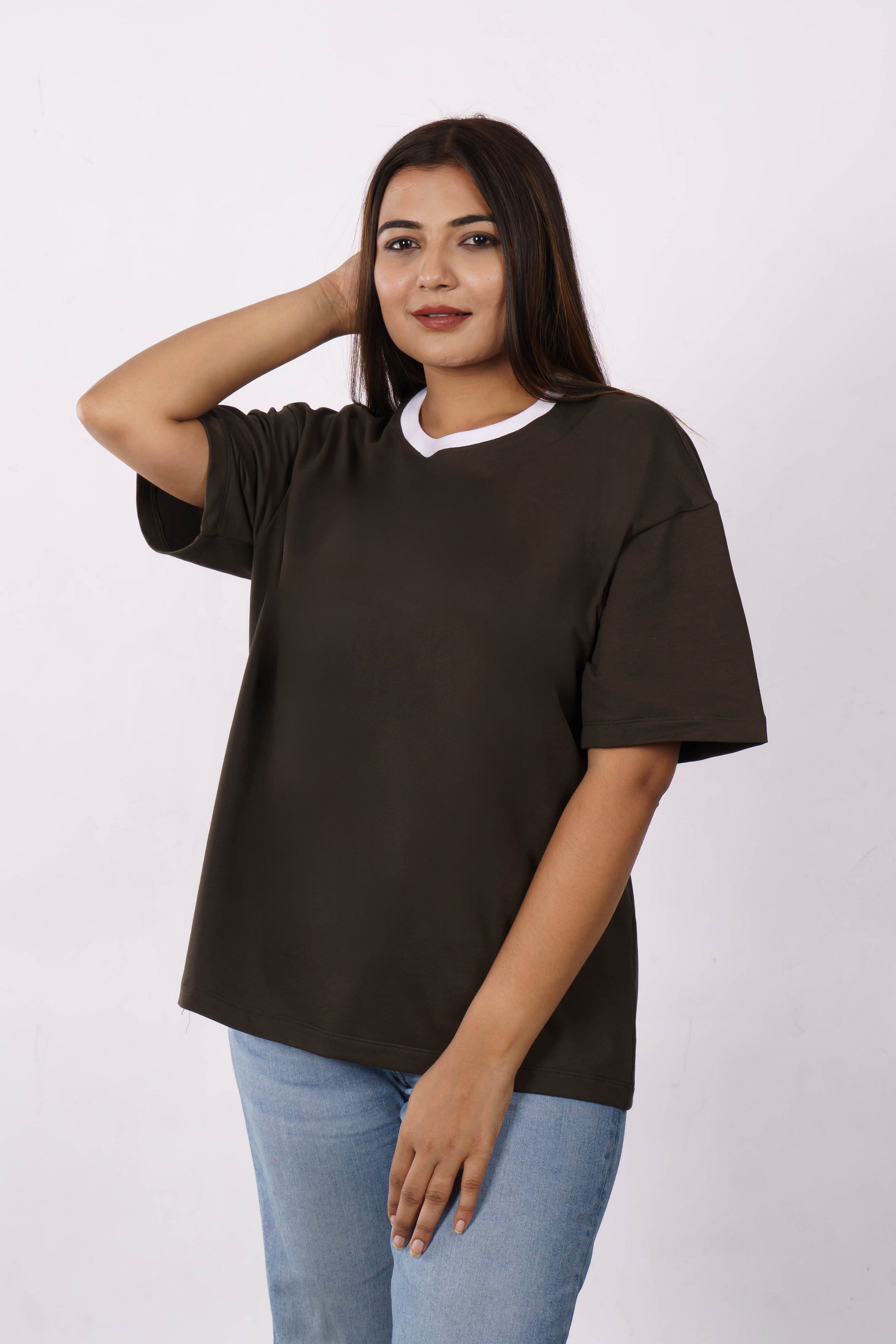 Premium Cotton Terry Lycra Oversized T-Shirt for Women | Olive Green | 240 GSM | Ribbed Crew Neck