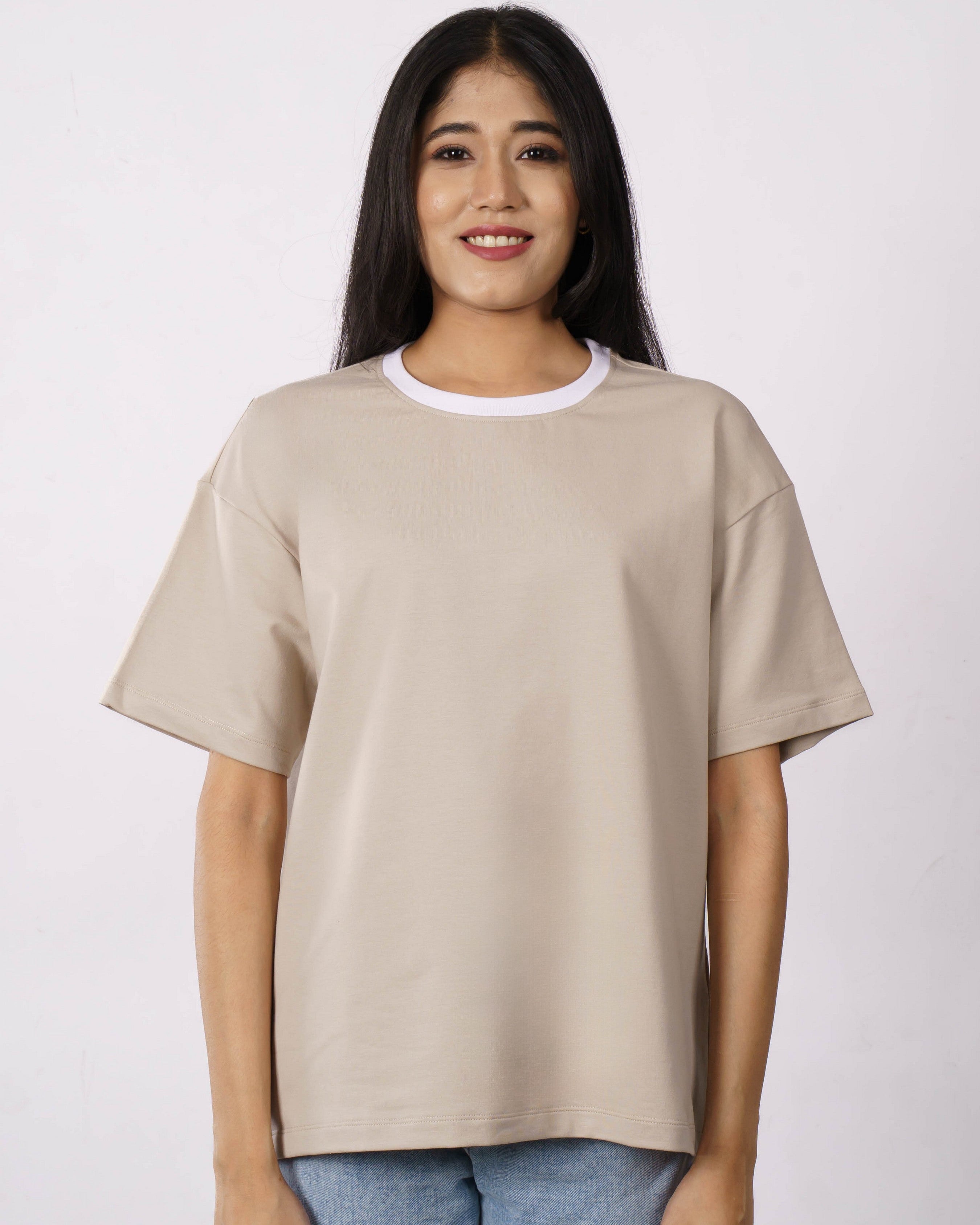 Premium Cotton Terry Lycra Oversized T-Shirt for Women | Skin Color | 240 GSM | Ribbed Crew Neck