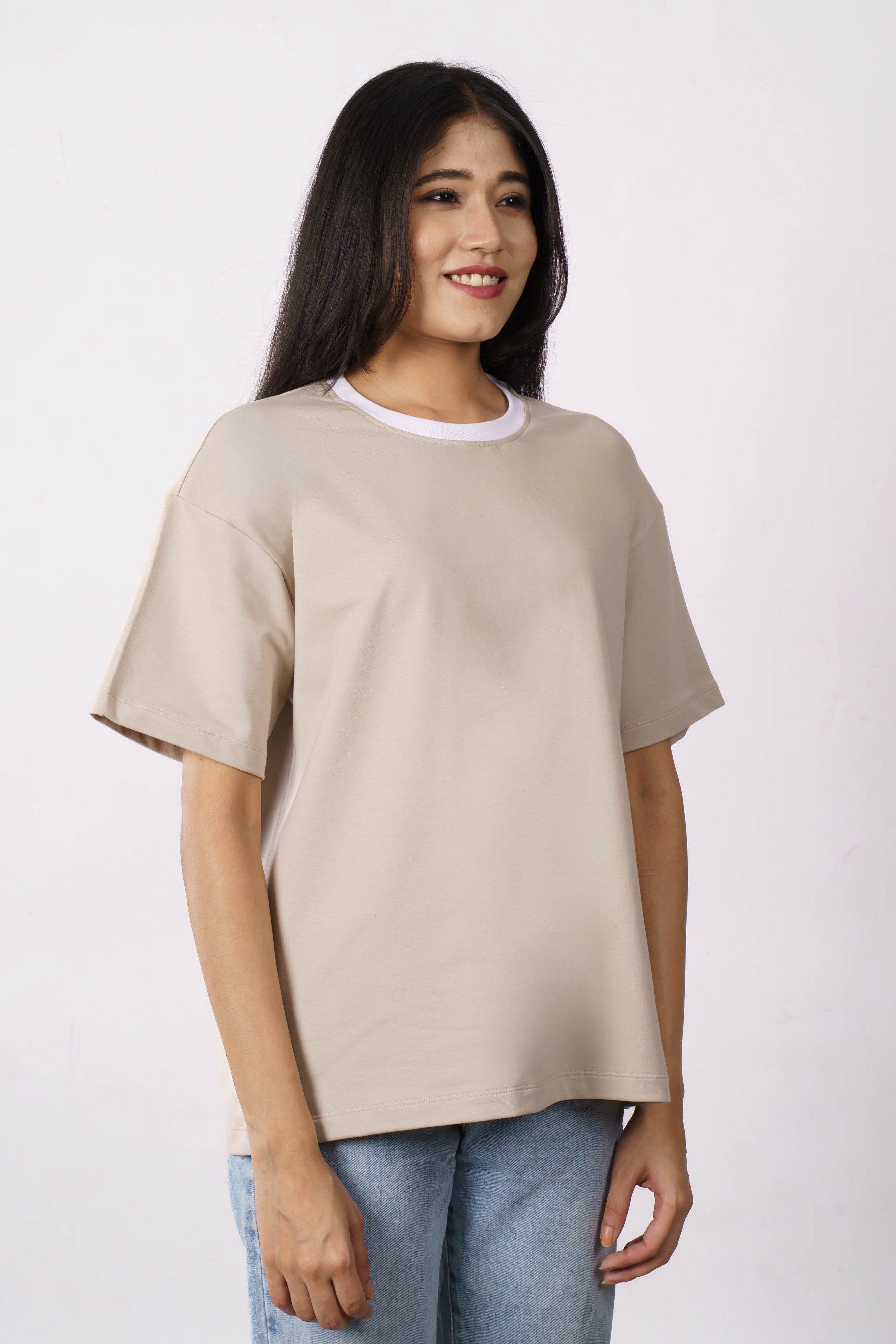 Premium Cotton Terry Lycra Oversized T-Shirt for Women | Skin Color | 240 GSM | Ribbed Crew Neck