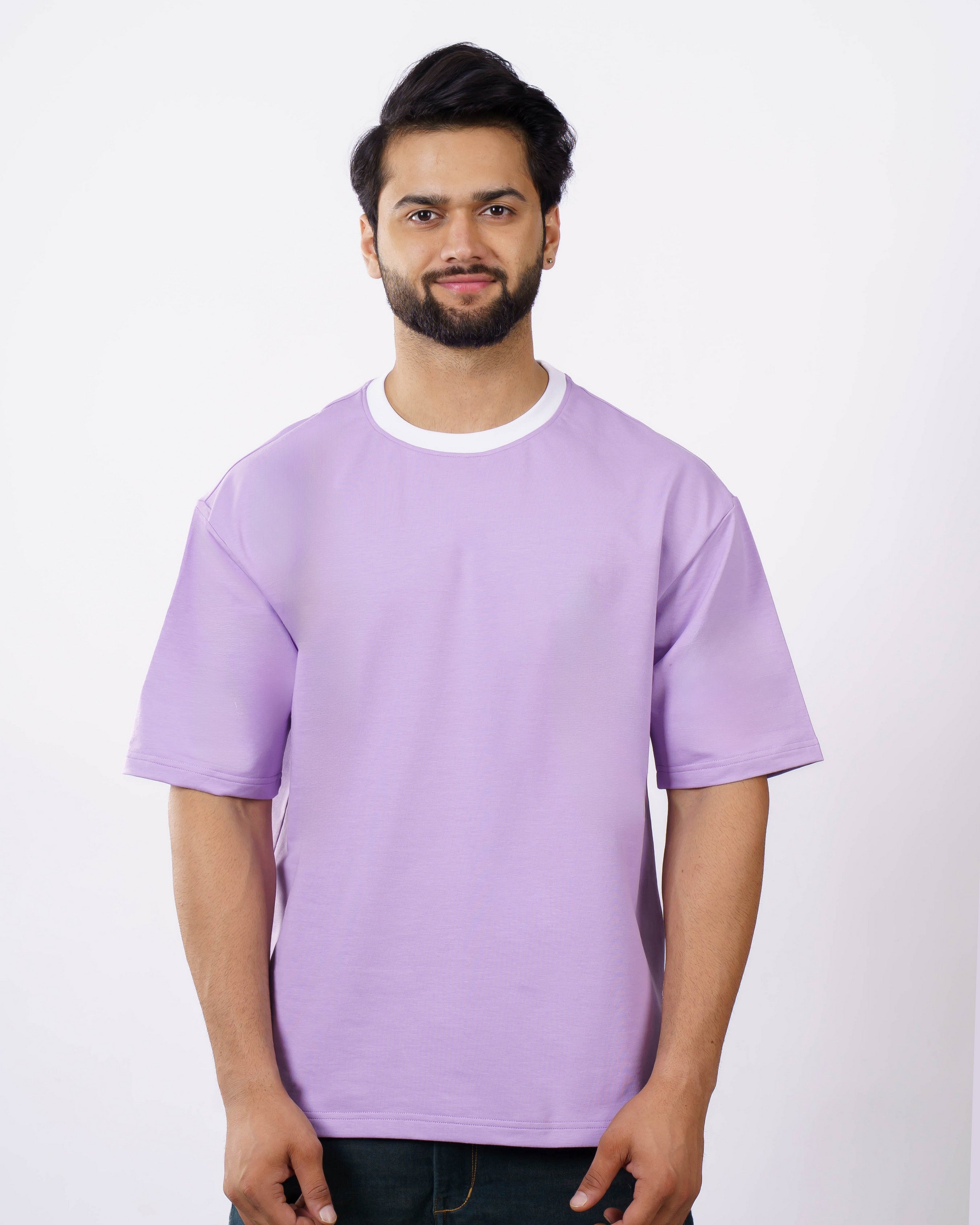 Premium Levender Cotton Terry Lycra Oversized T-Shirt, 240 GSM, Casual Wear, Ribbed Crew Neck
