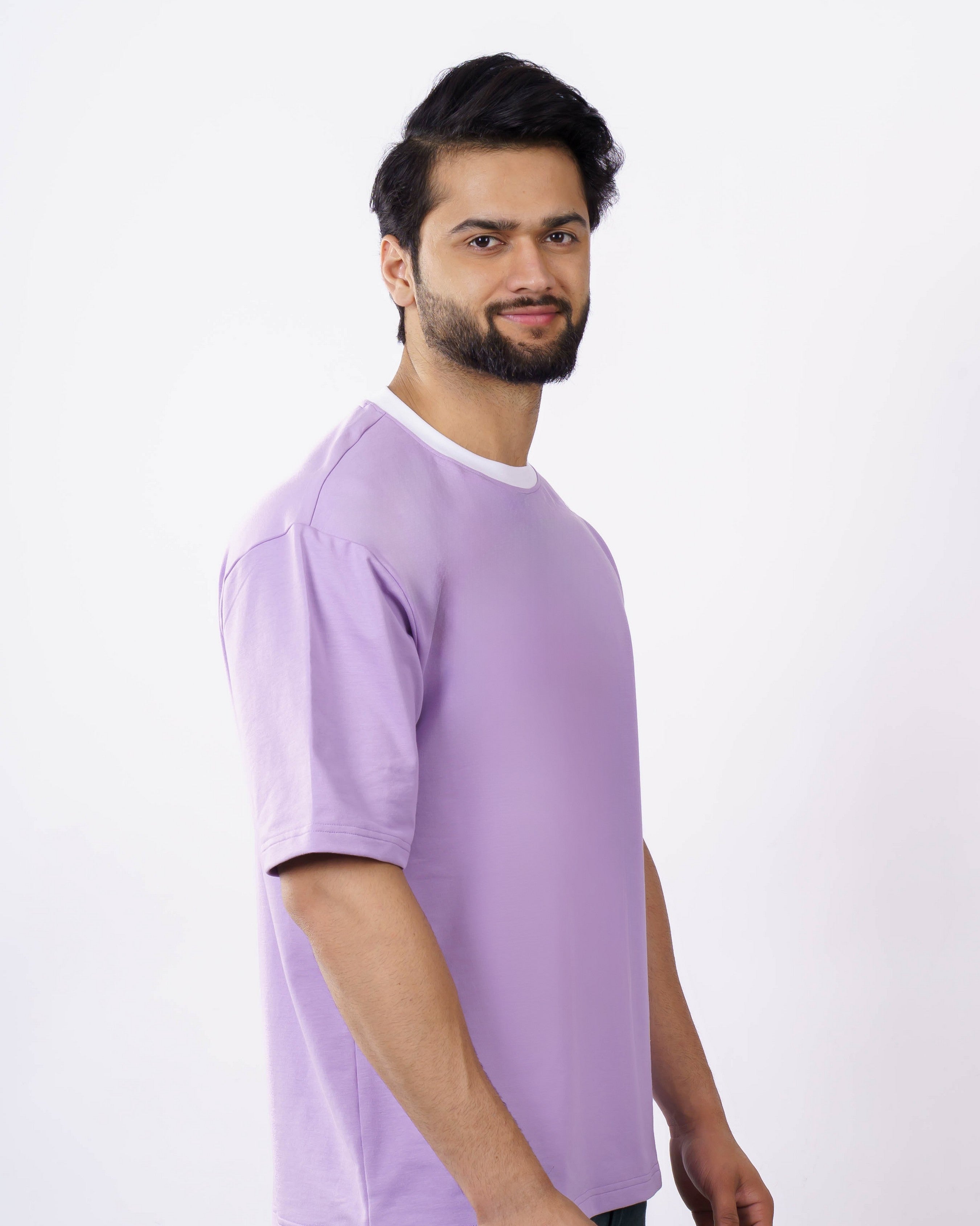 Premium Levender Cotton Terry Lycra Oversized T-Shirt, 240 GSM, Casual Wear, Ribbed Crew Neck