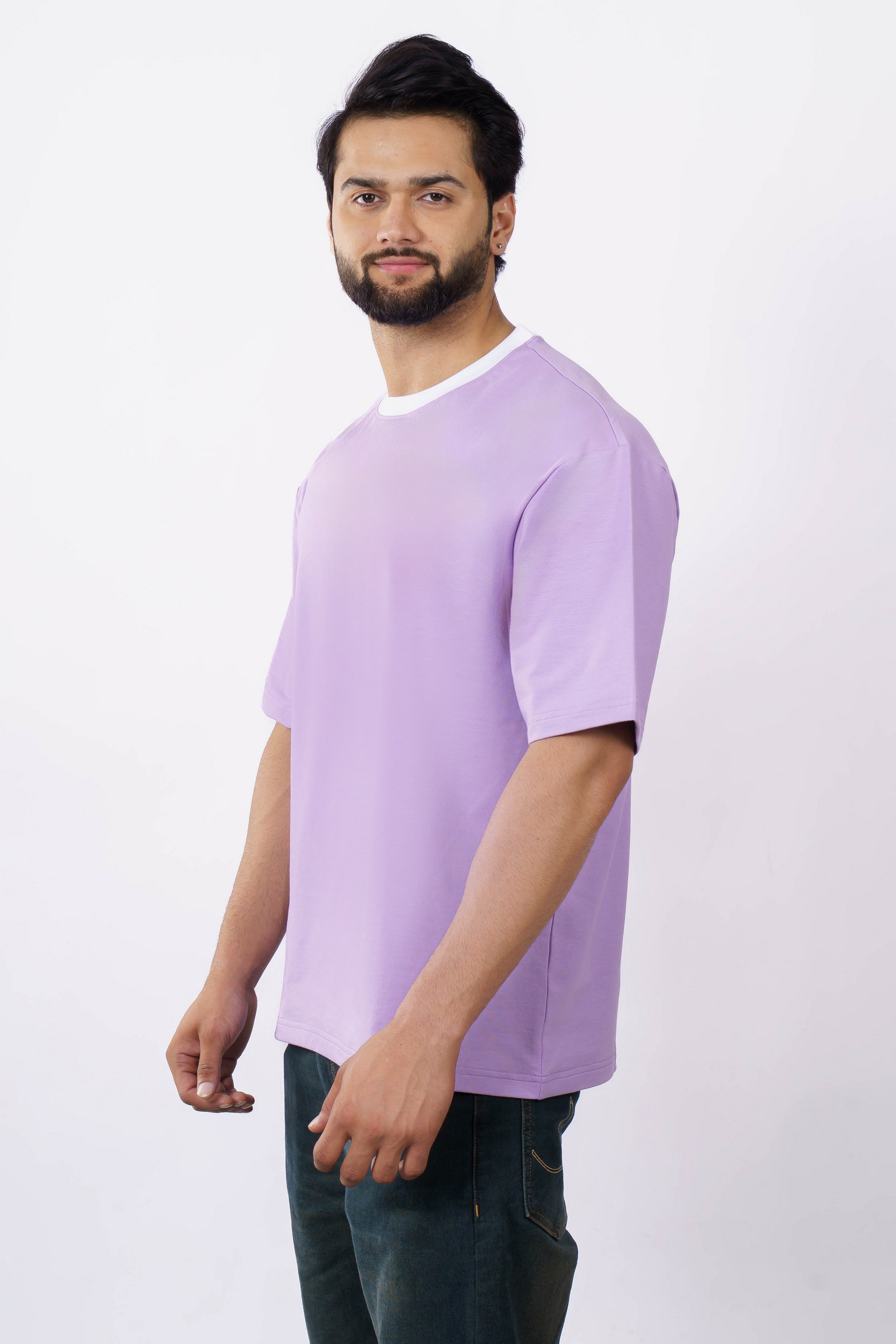 Premium Levender Cotton Terry Lycra Oversized T-Shirt, 240 GSM, Casual Wear, Ribbed Crew Neck