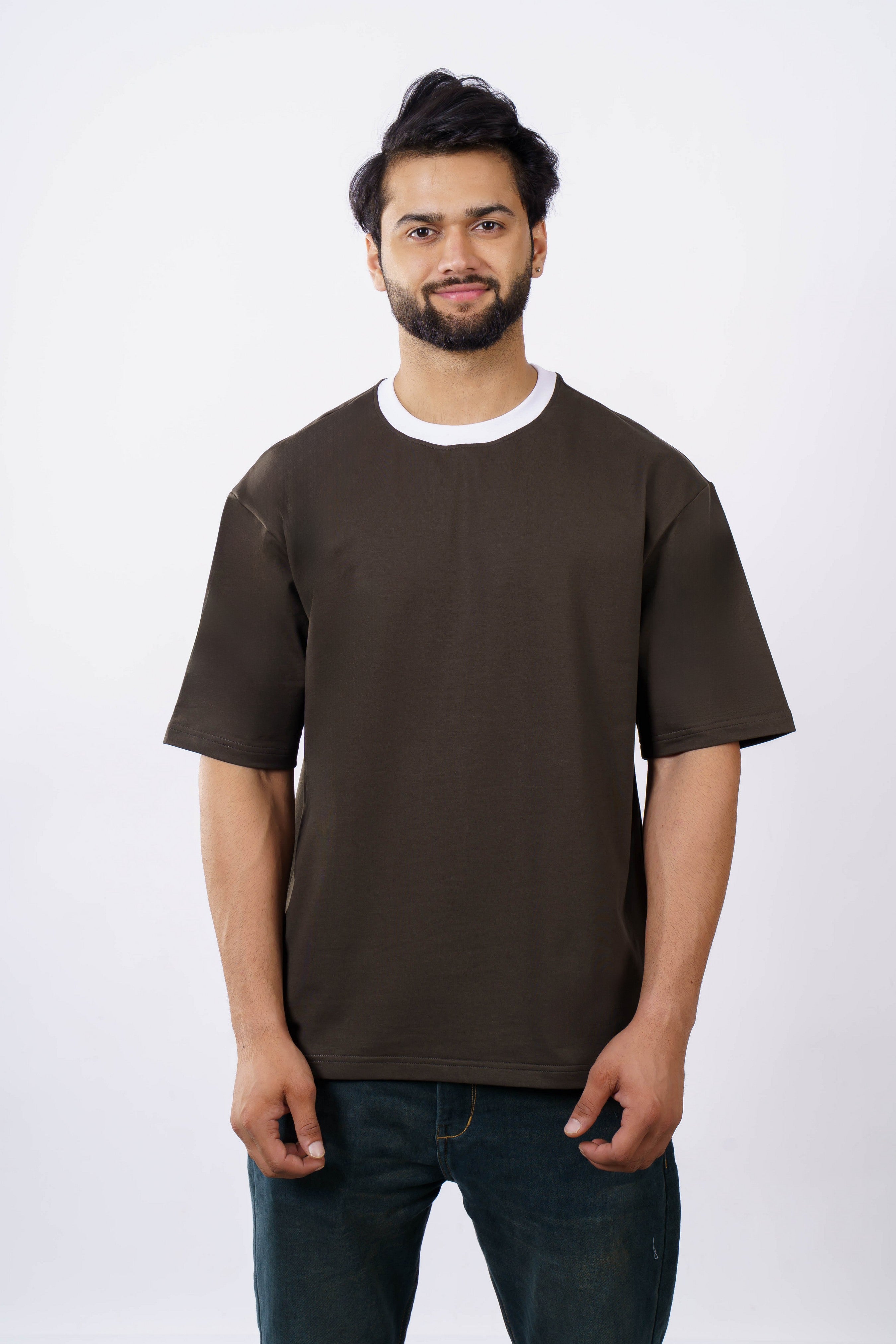 Premium Olive Green Oversized T-Shirt for Men | 240 GSM Cotton Terry Lycra | Ribbed Crew Neck Casual Wear