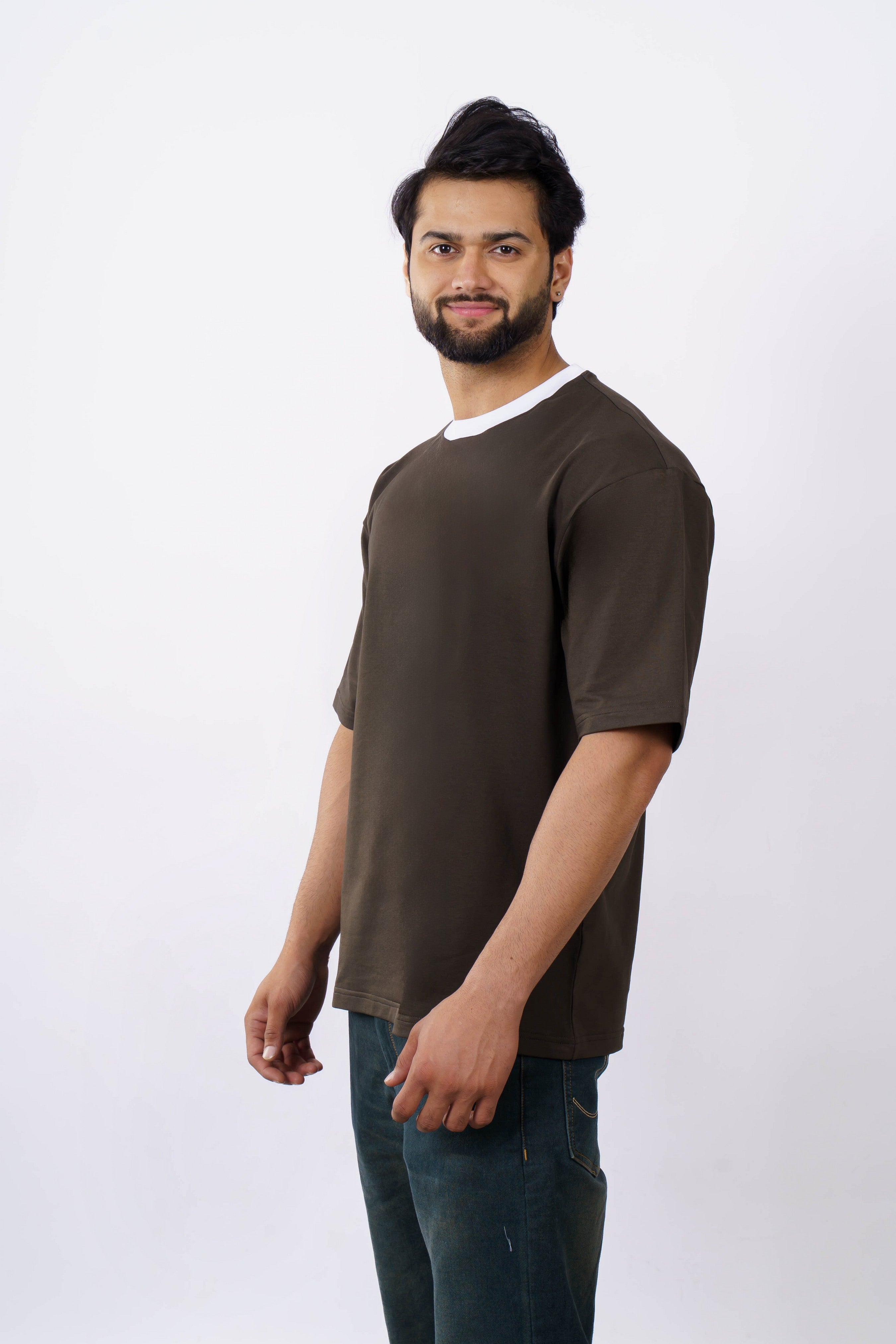 Premium Olive Green Oversized T-Shirt for Men | 240 GSM Cotton Terry Lycra | Ribbed Crew Neck Casual Wear