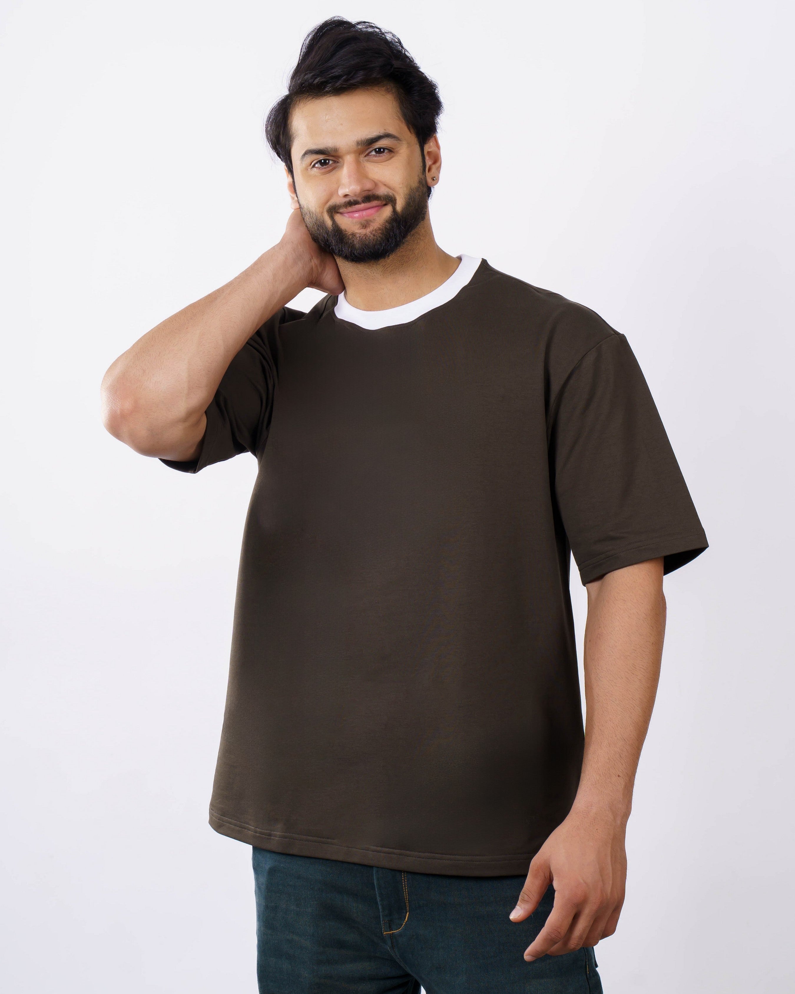 Premium Olive Green Oversized T-Shirt for Men | 240 GSM Cotton Terry Lycra | Ribbed Crew Neck Casual Wear