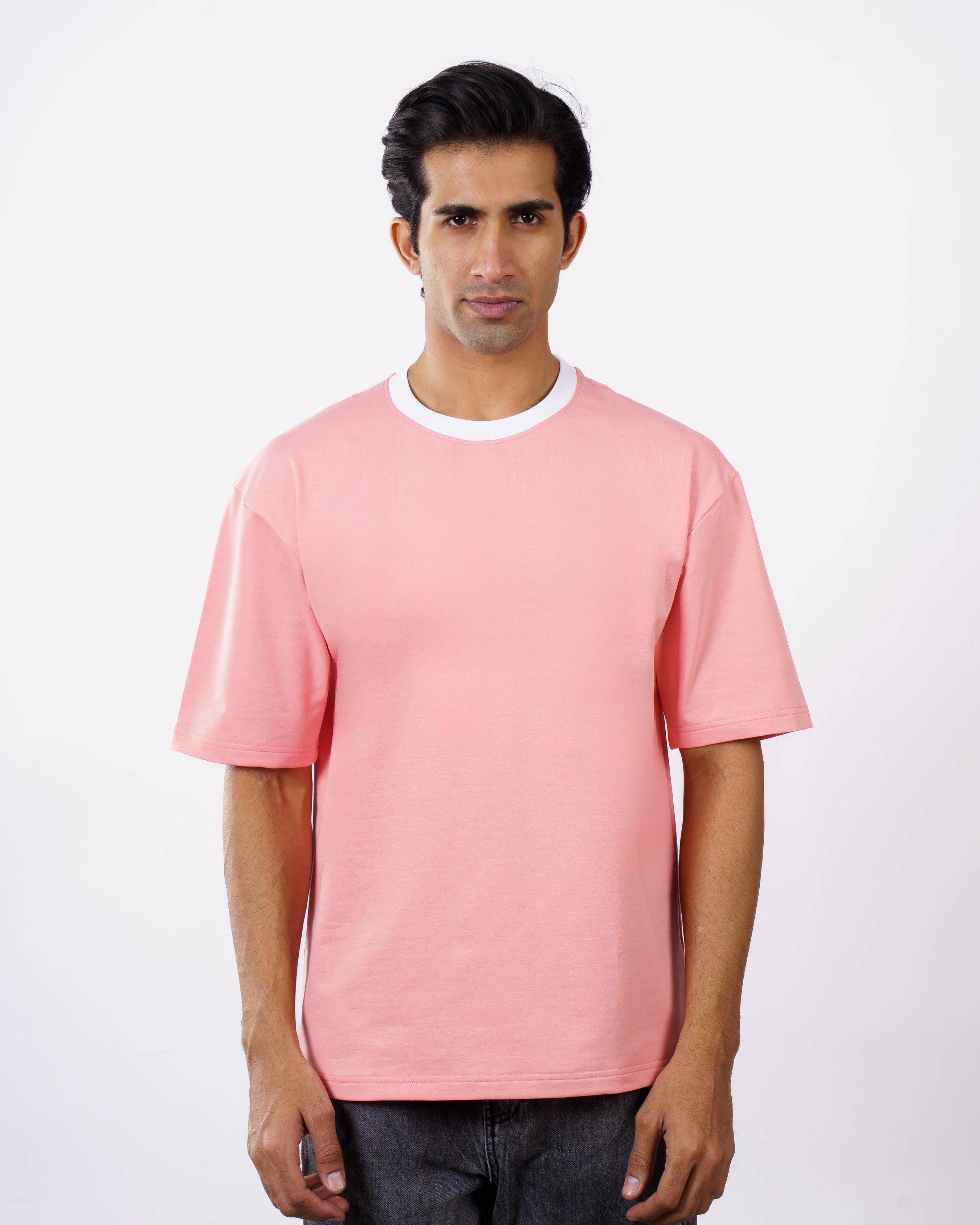Premium Pink Cotton Terry Lycra Oversized T-Shirt, 240 GSM, Casual Wear, Ribbed Crew Neck