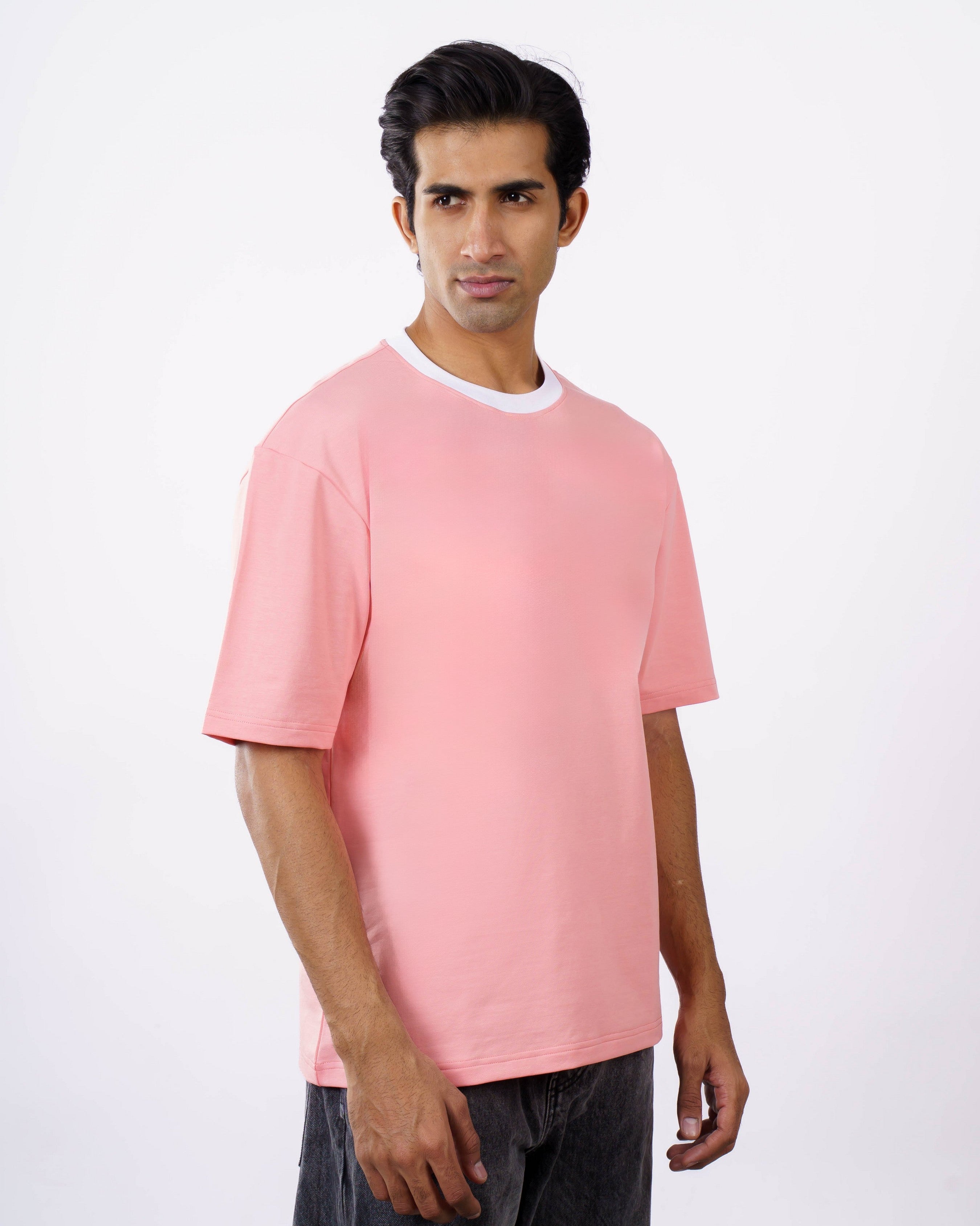Premium Pink Cotton Terry Lycra Oversized T-Shirt, 240 GSM, Casual Wear, Ribbed Crew Neck