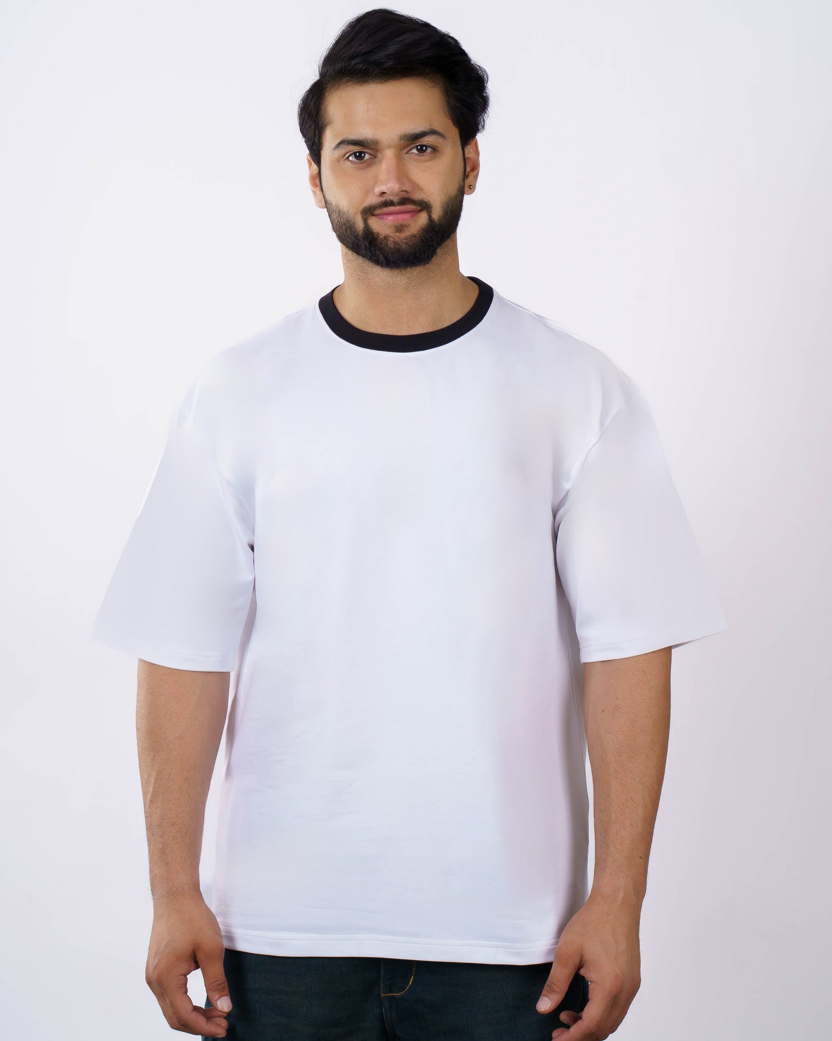 Premium White Cotton Terry Lycra Oversized T-Shirt, 240 GSM, Casual Wear, Ribbed Crew Neck