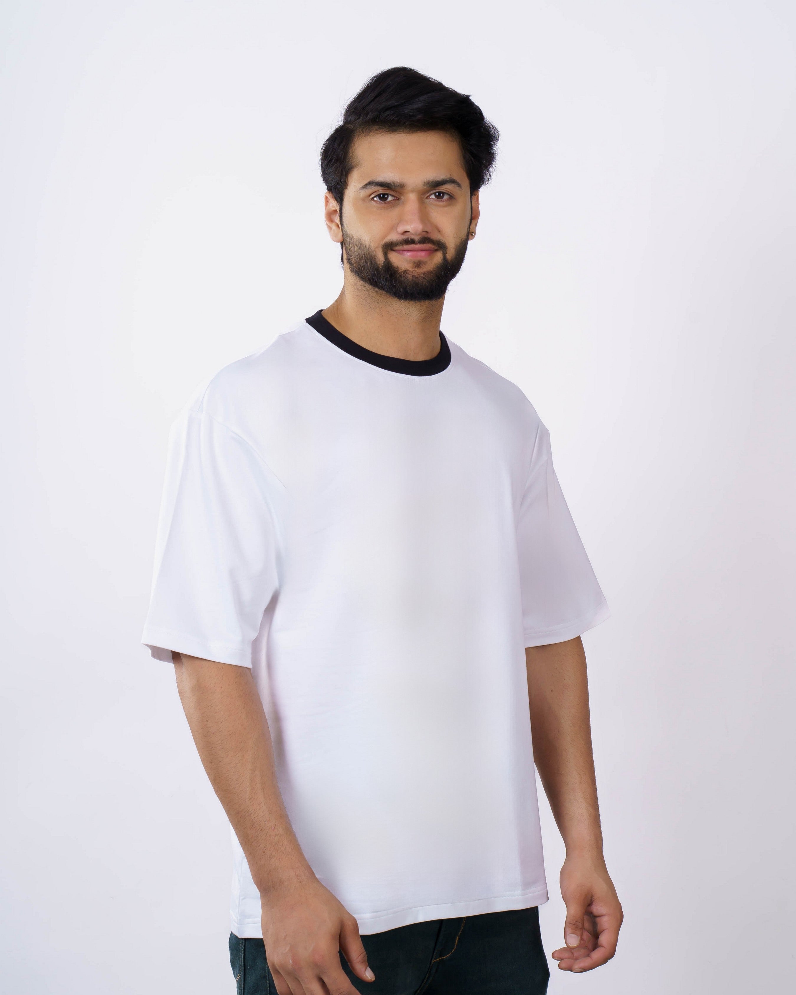 Premium White Cotton Terry Lycra Oversized T-Shirt, 240 GSM, Casual Wear, Ribbed Crew Neck