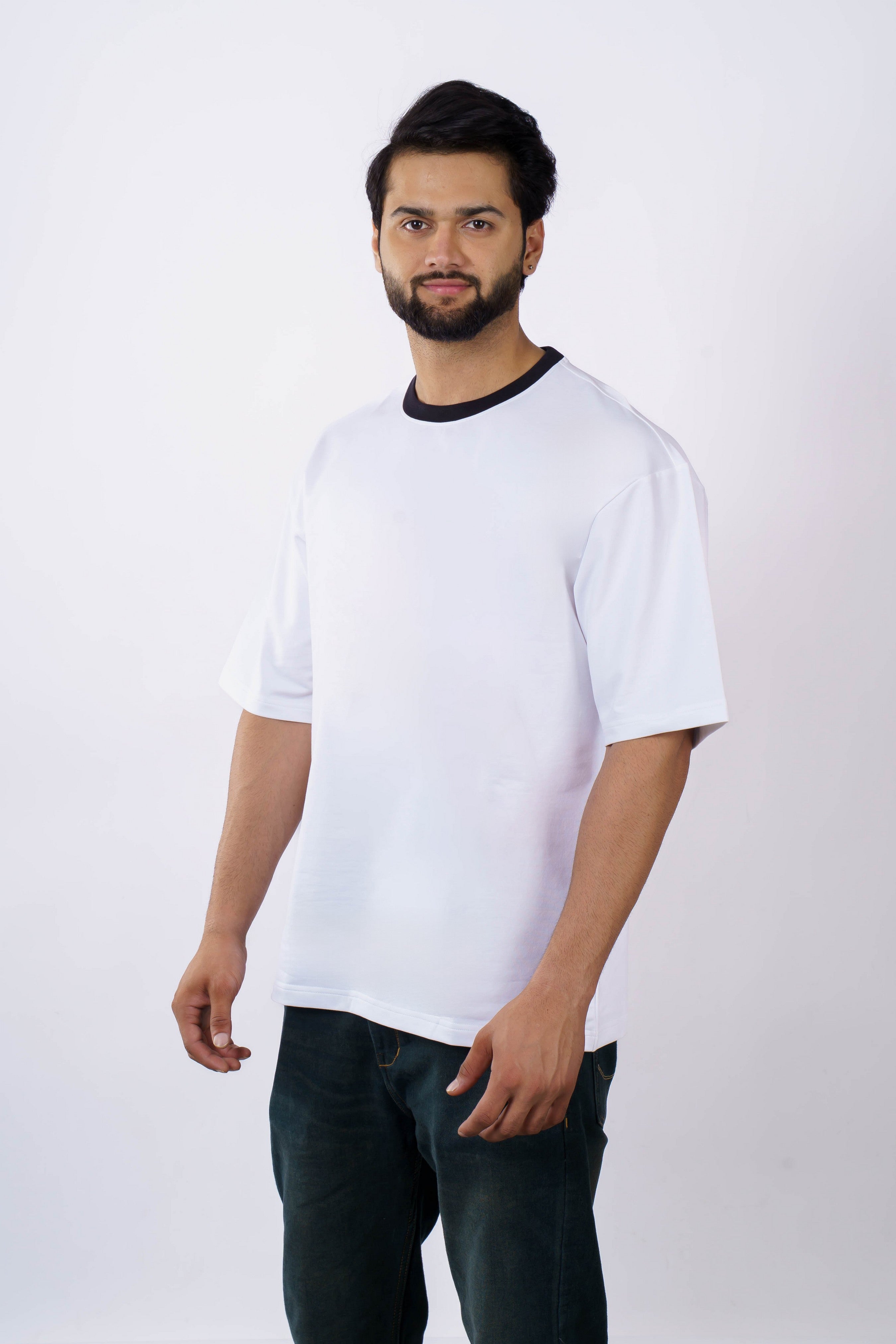 Premium White Cotton Terry Lycra Oversized T-Shirt, 240 GSM, Casual Wear, Ribbed Crew Neck
