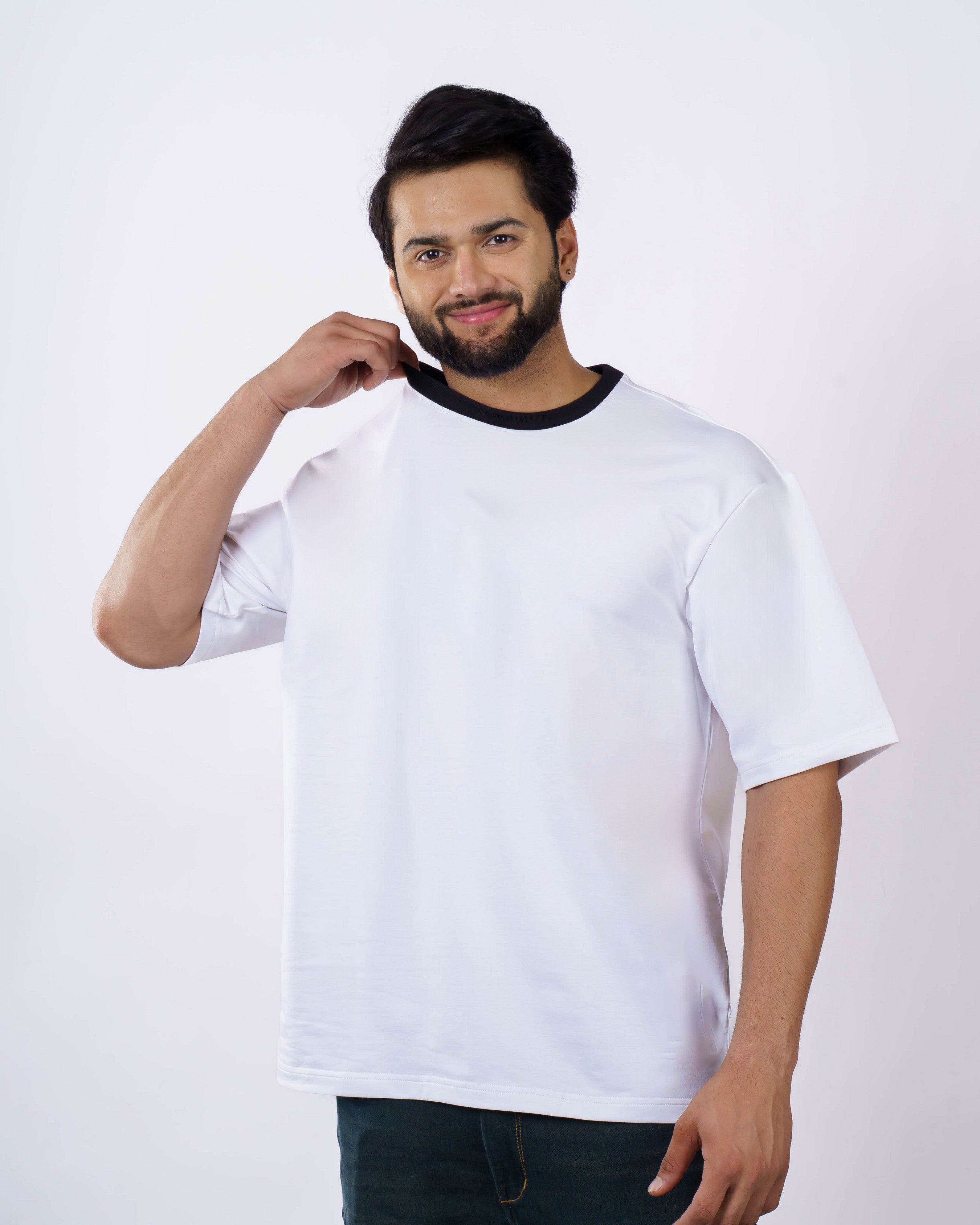Premium White Cotton Terry Lycra Oversized T-Shirt, 240 GSM, Casual Wear, Ribbed Crew Neck
