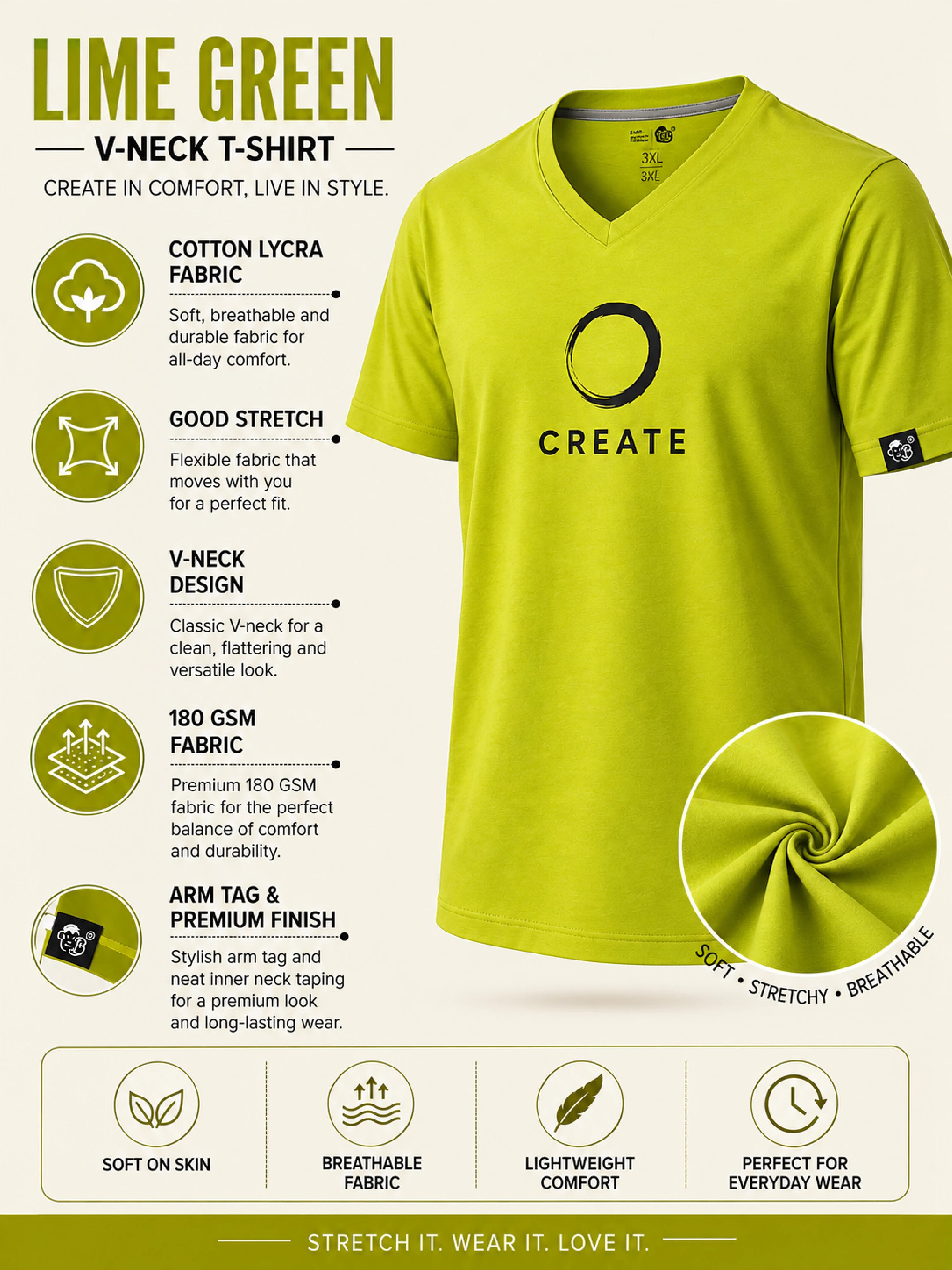 CREATE | Creative Designers | Lime Green V-Neck Regular Fit T-Shirt for Women