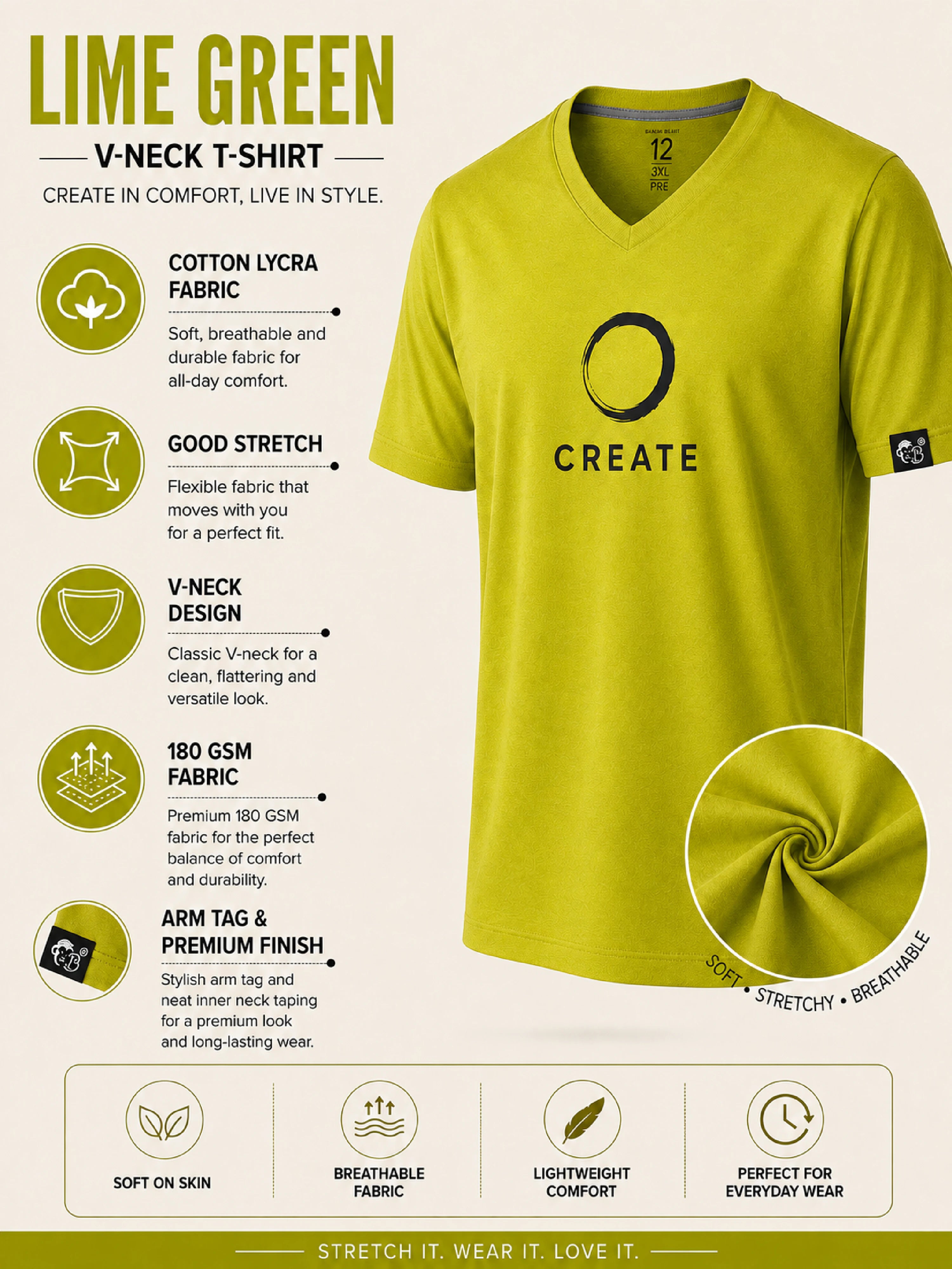 CREATE | Creative Designers | Lime Green V-Neck Regular Fit T-Shirt for Women