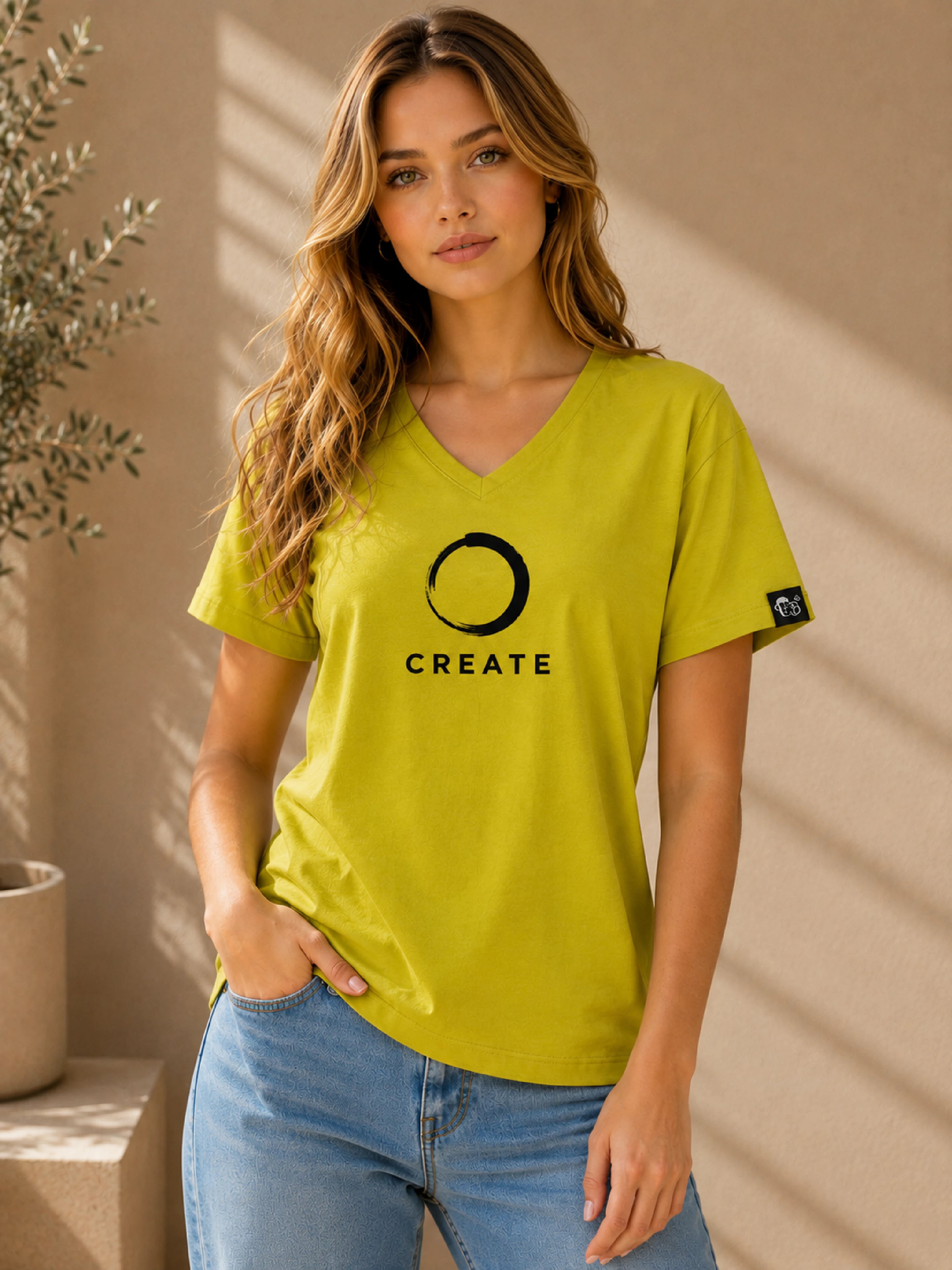 CREATE | Creative Designers | Lime Green V-Neck Regular Fit T-Shirt for Women