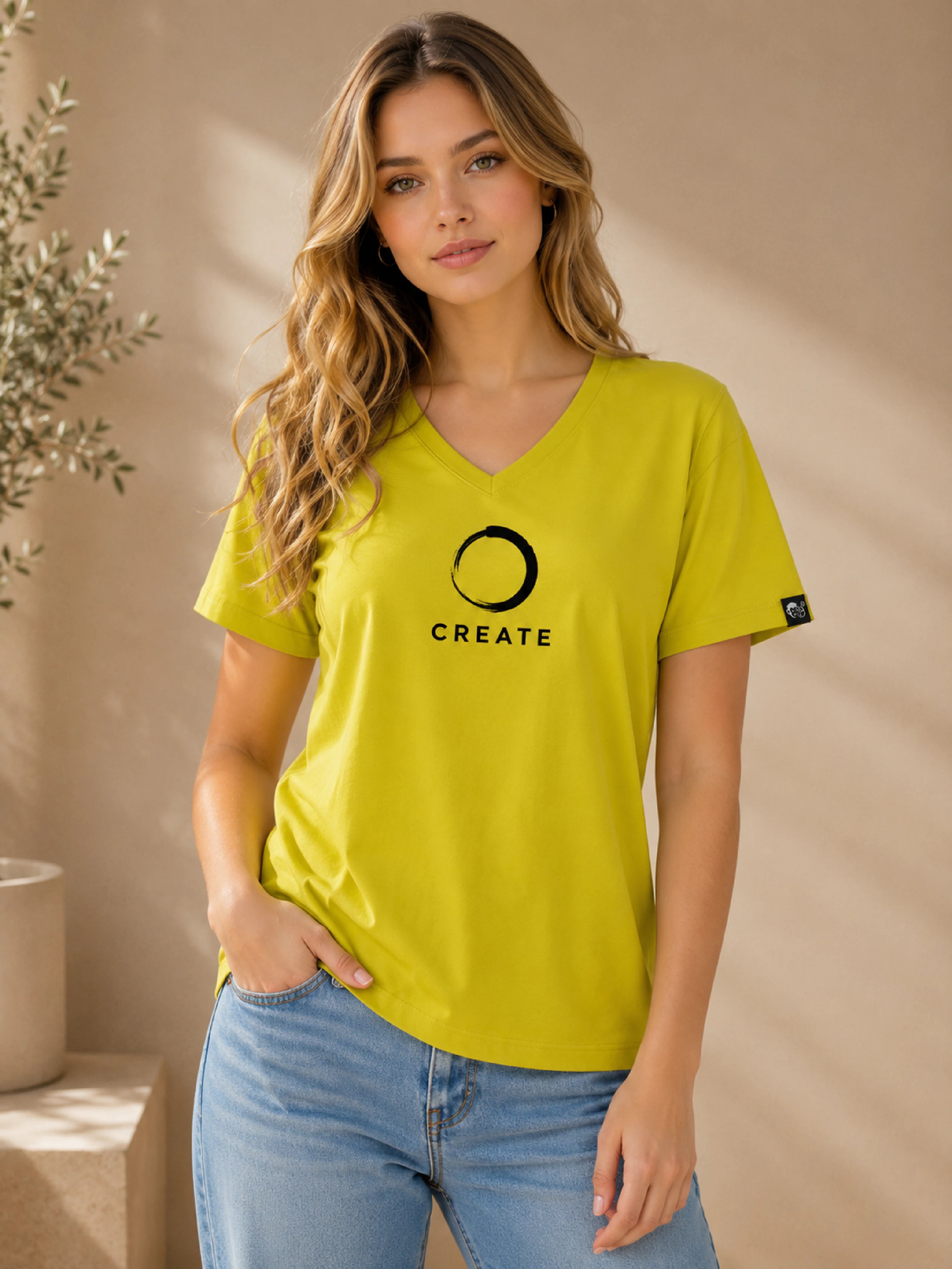 CREATE | Creative Designers | Lime Green V-Neck Regular Fit T-Shirt for Women