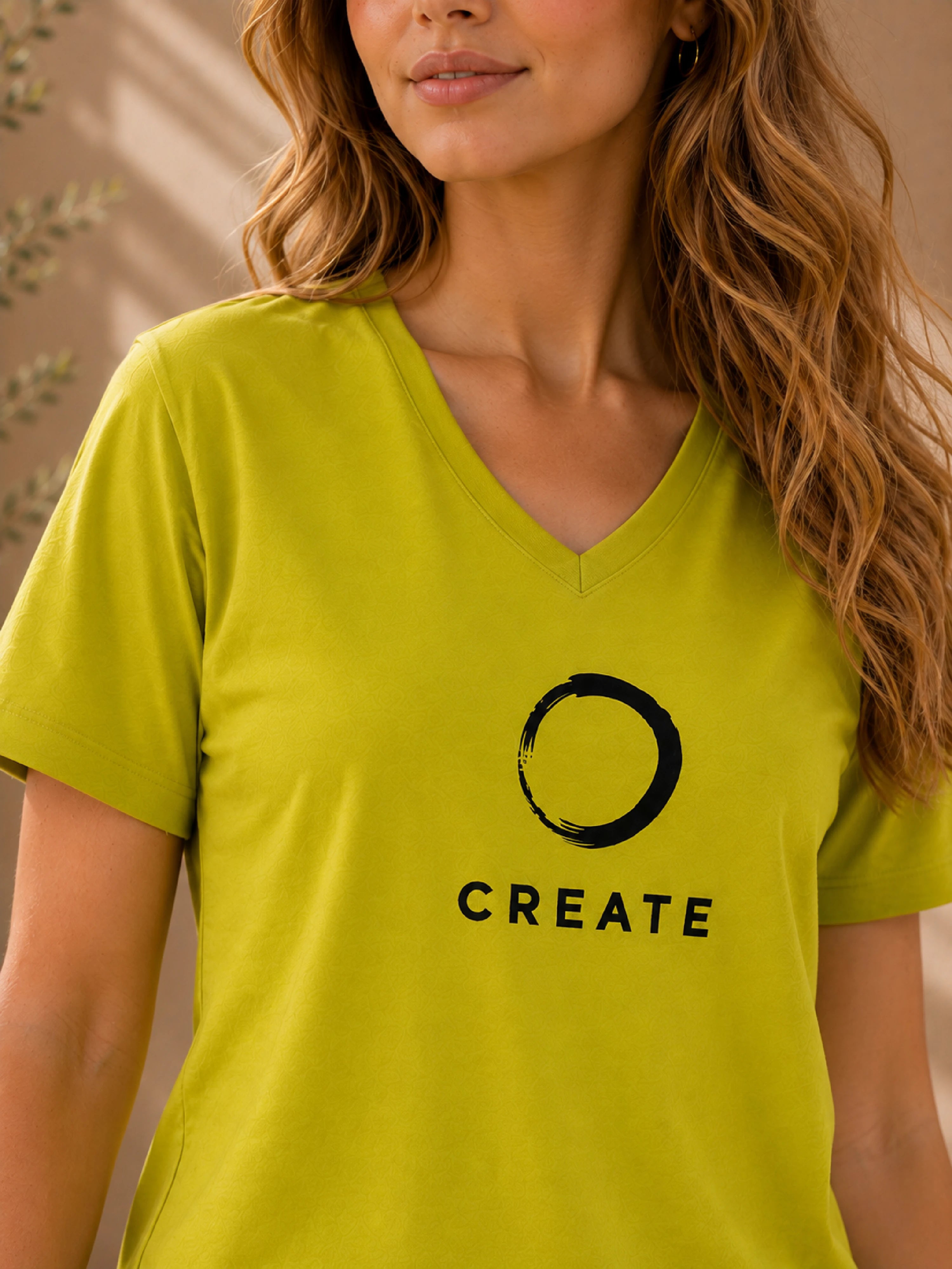 CREATE | Creative Designers | Lime Green V-Neck Regular Fit T-Shirt for Women