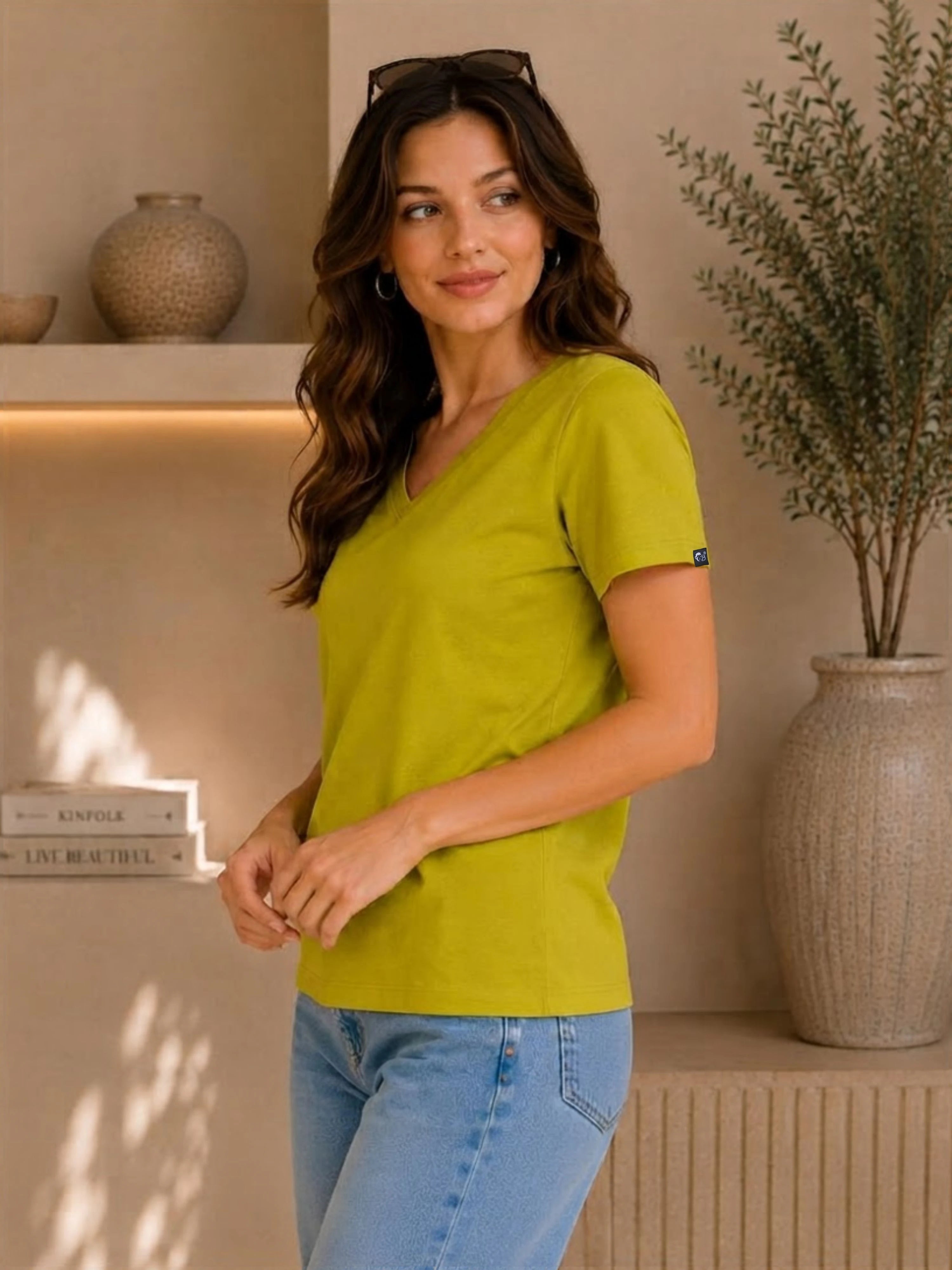 LIME GREEN | Regular Fit Plain Tshirt For Women | V-Neck Tshirts-PLAIN