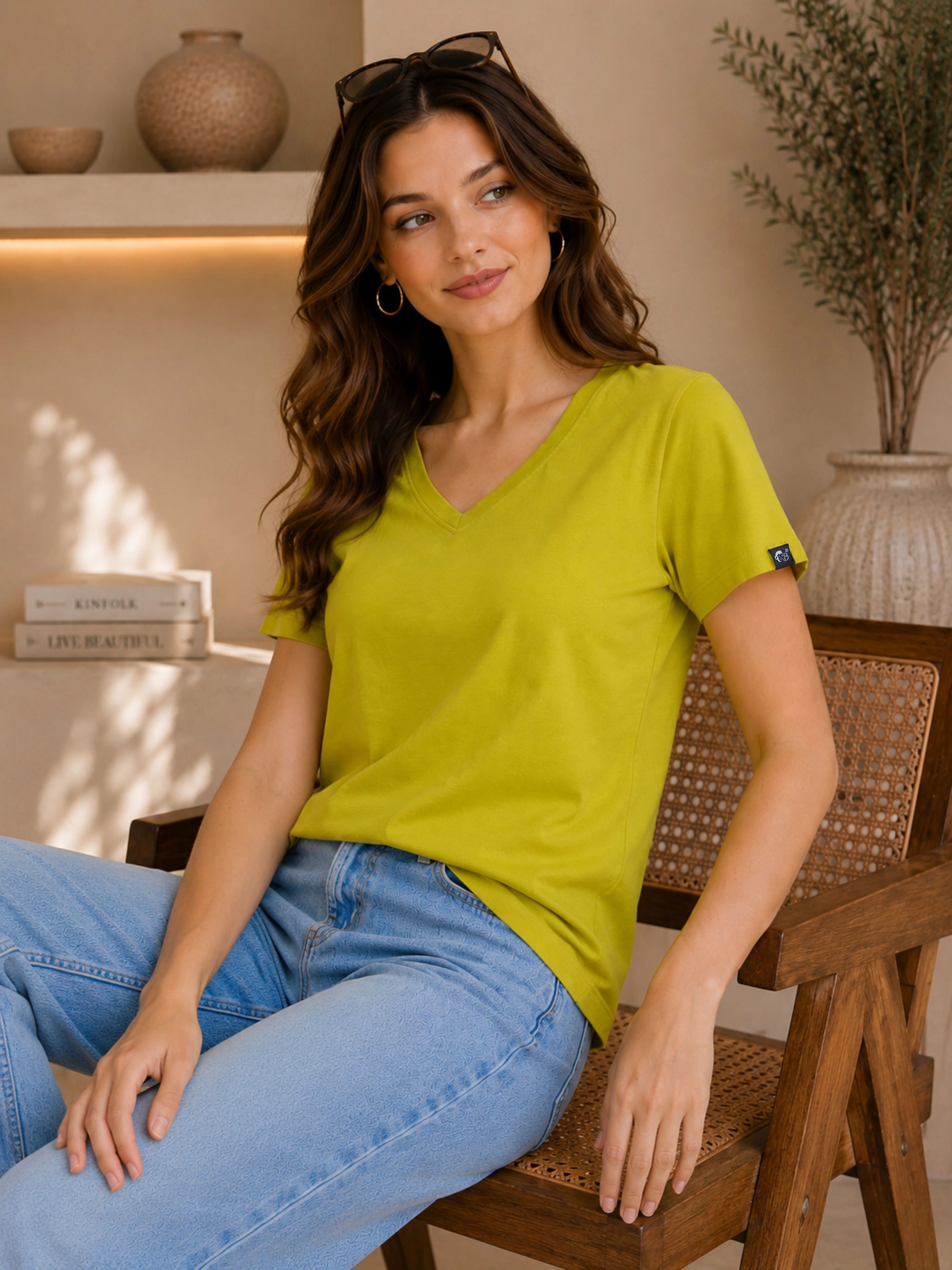 LIME GREEN | Regular Fit Plain Tshirt For Women | V-Neck Tshirts-PLAIN