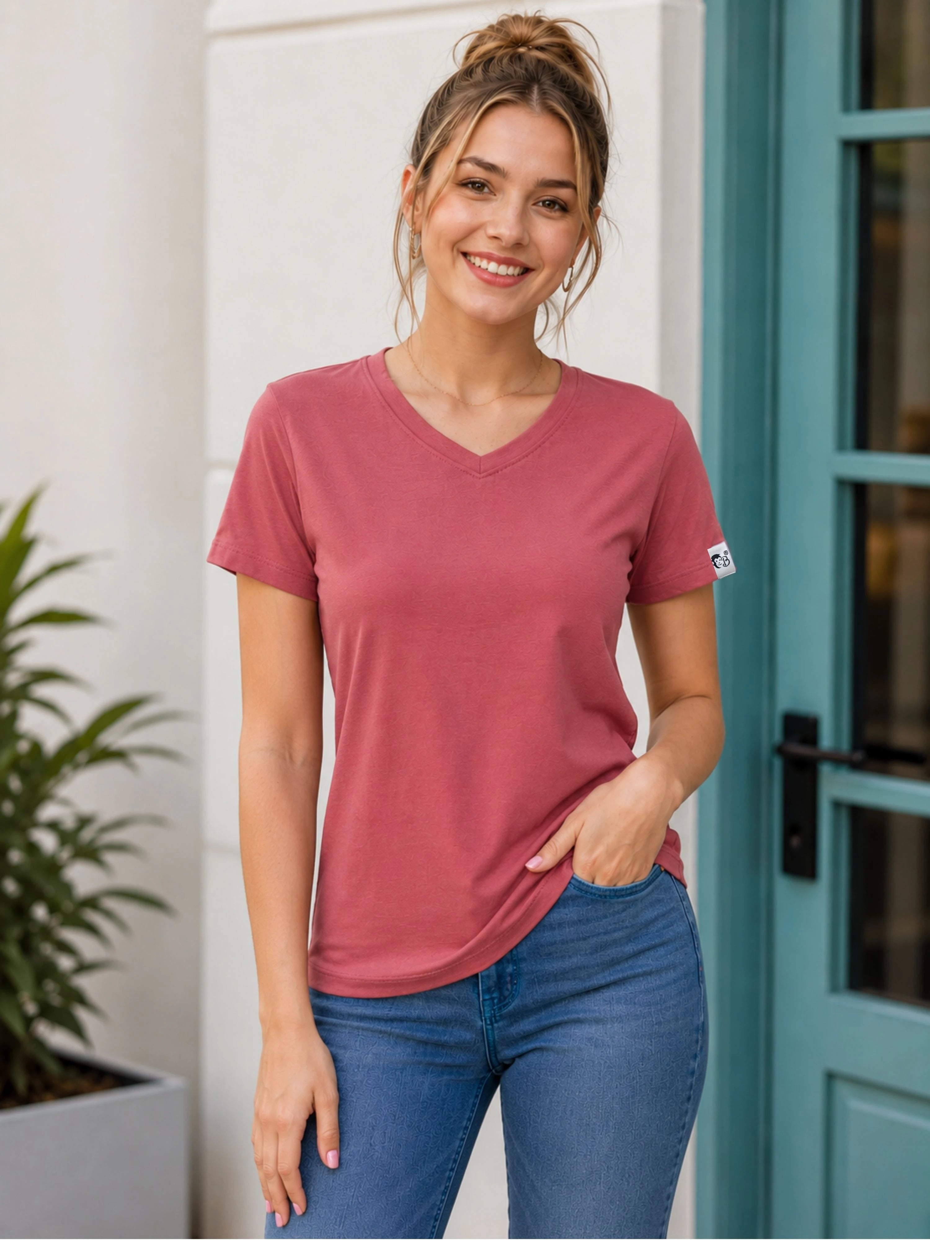 ROSEWOOD | Regular Fit Plain Tshirt For Women | V-Neck Tshirts-PLAIN