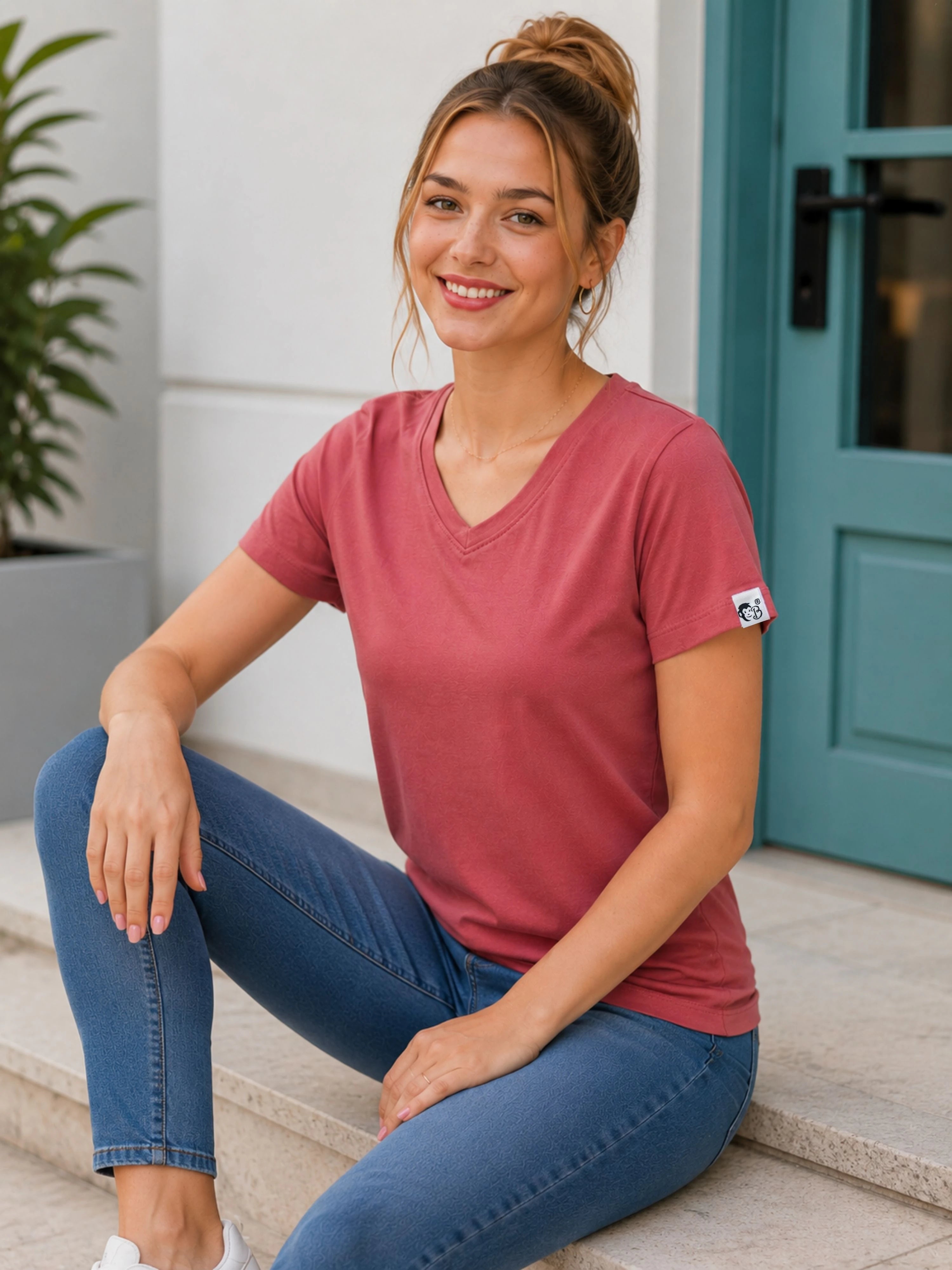 ROSEWOOD | Regular Fit Plain Tshirt For Women | V-Neck Tshirts-PLAIN