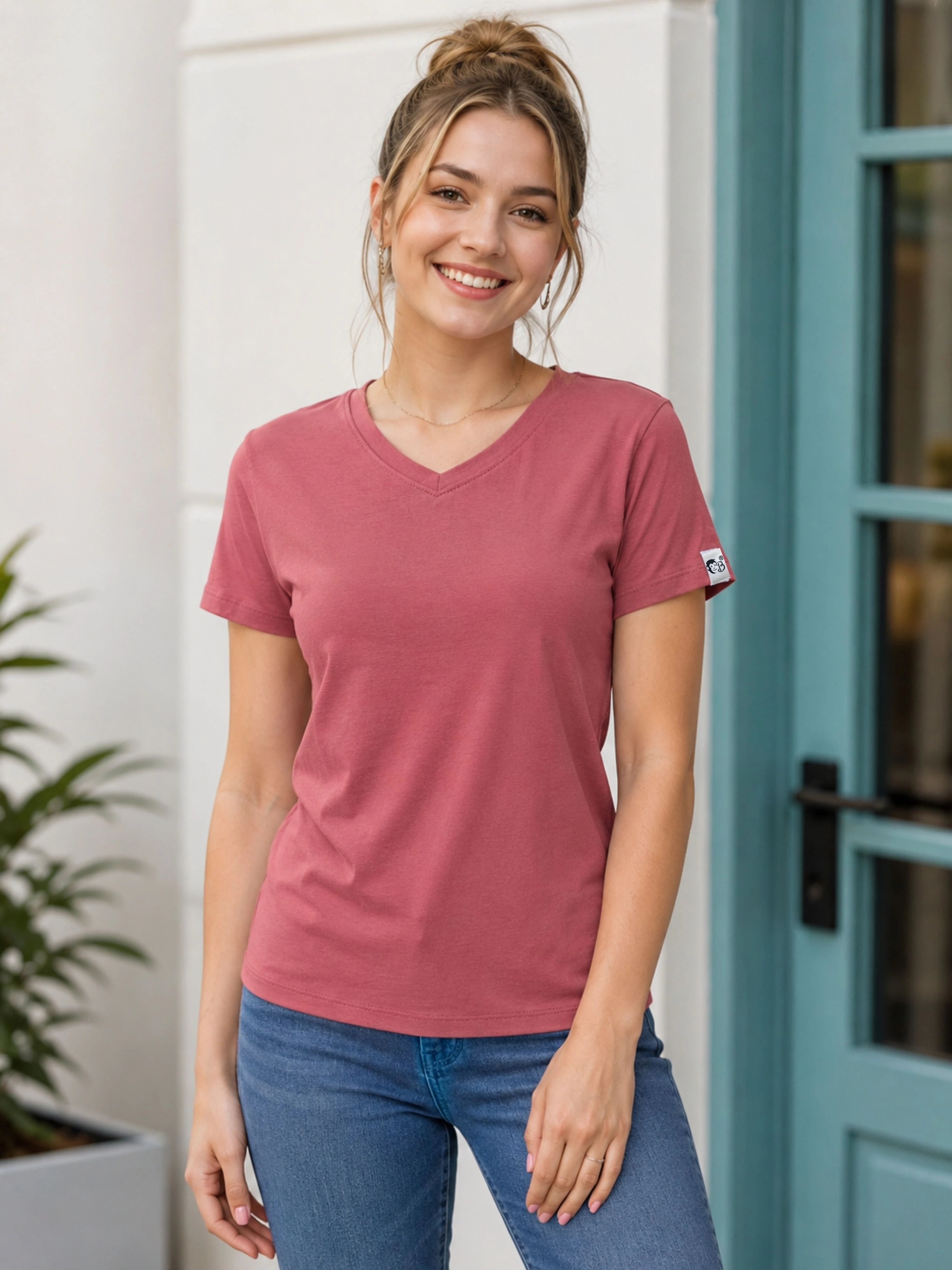 ROSEWOOD | Regular Fit Plain Tshirt For Women | V-Neck Tshirts-PLAIN