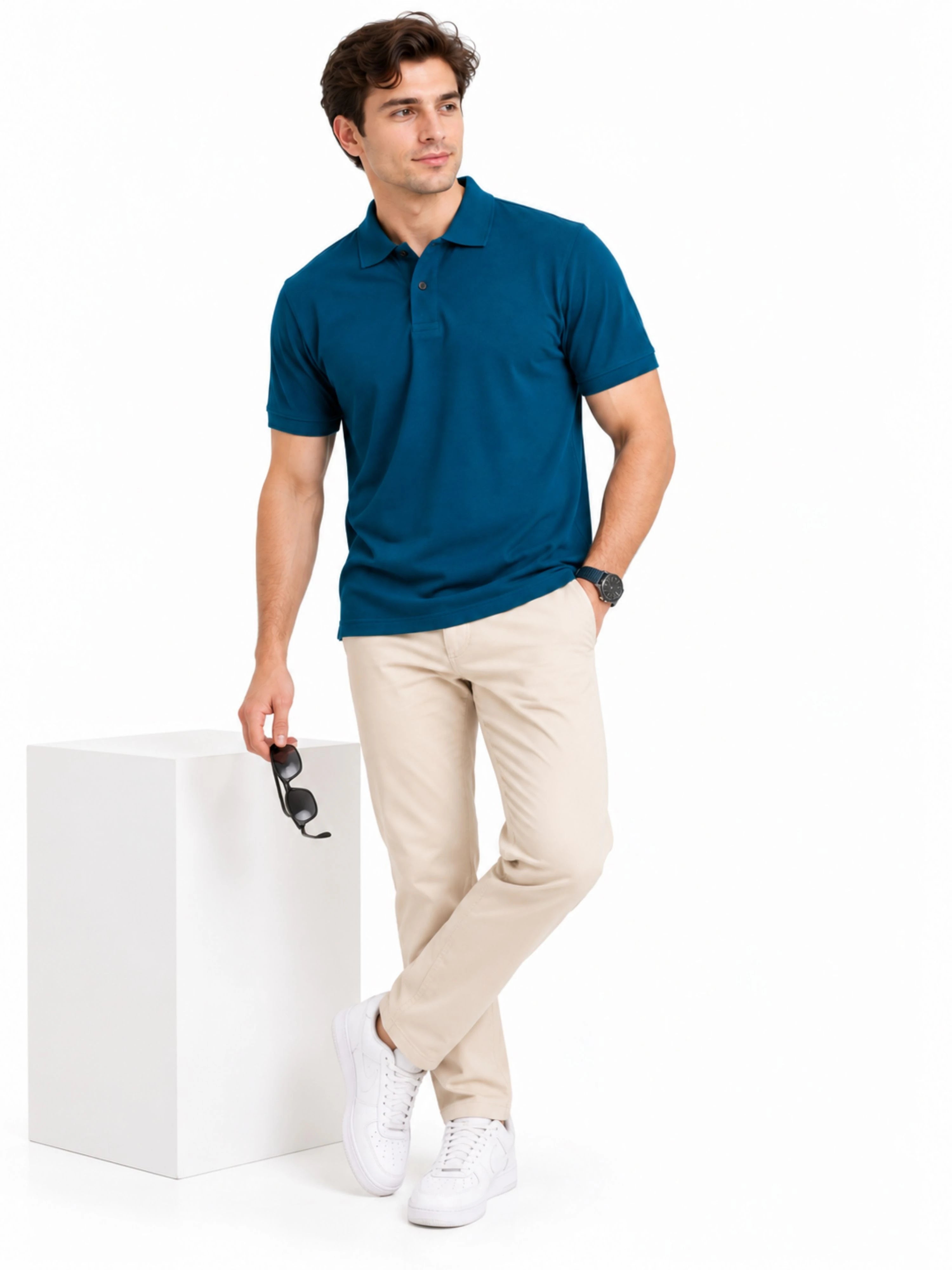 Regular Fit Plain Polo T-Shirt for Men - Deep Teal Blue