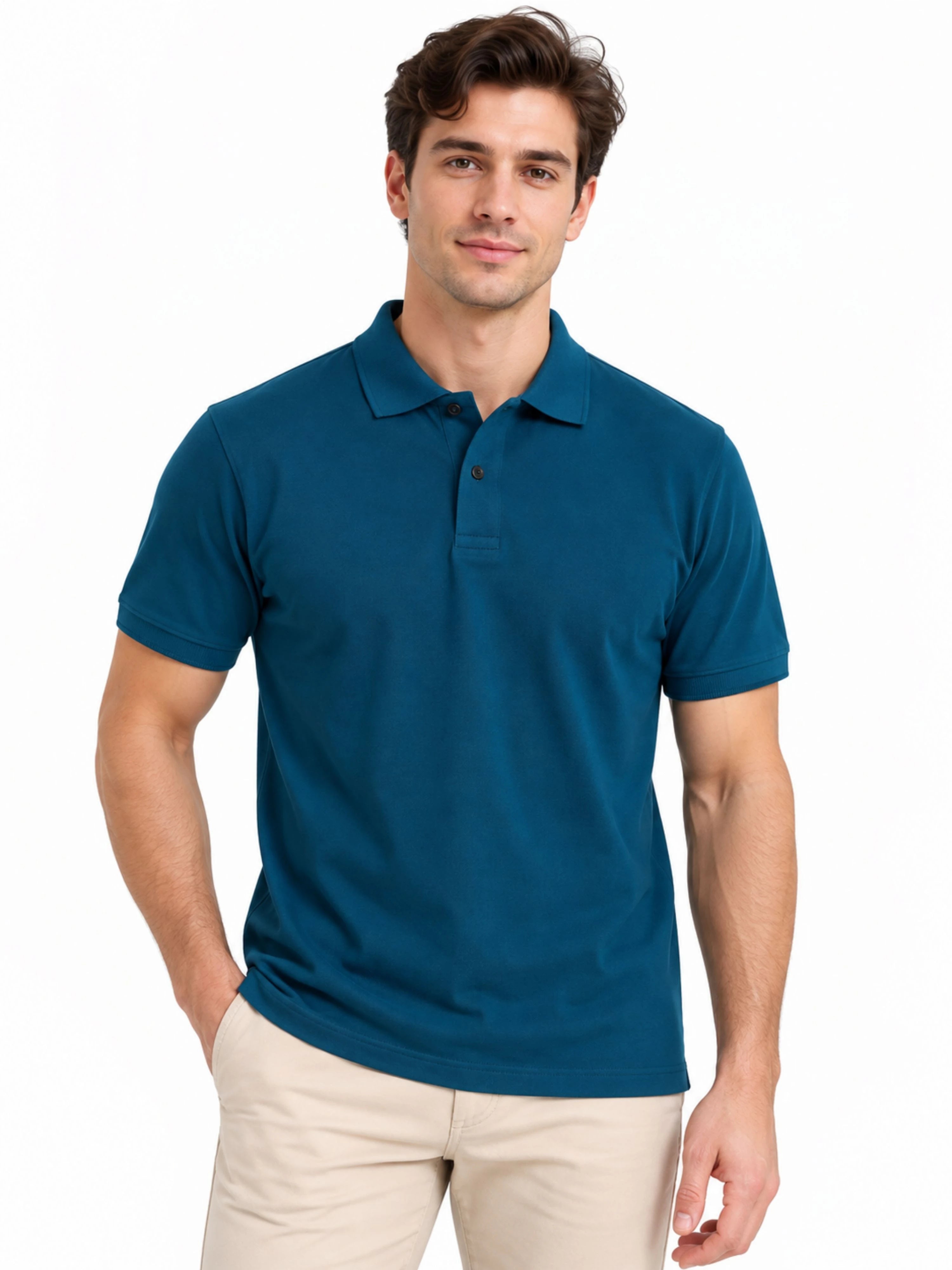 Regular Fit Plain Polo T-Shirt for Men - Deep Teal Blue