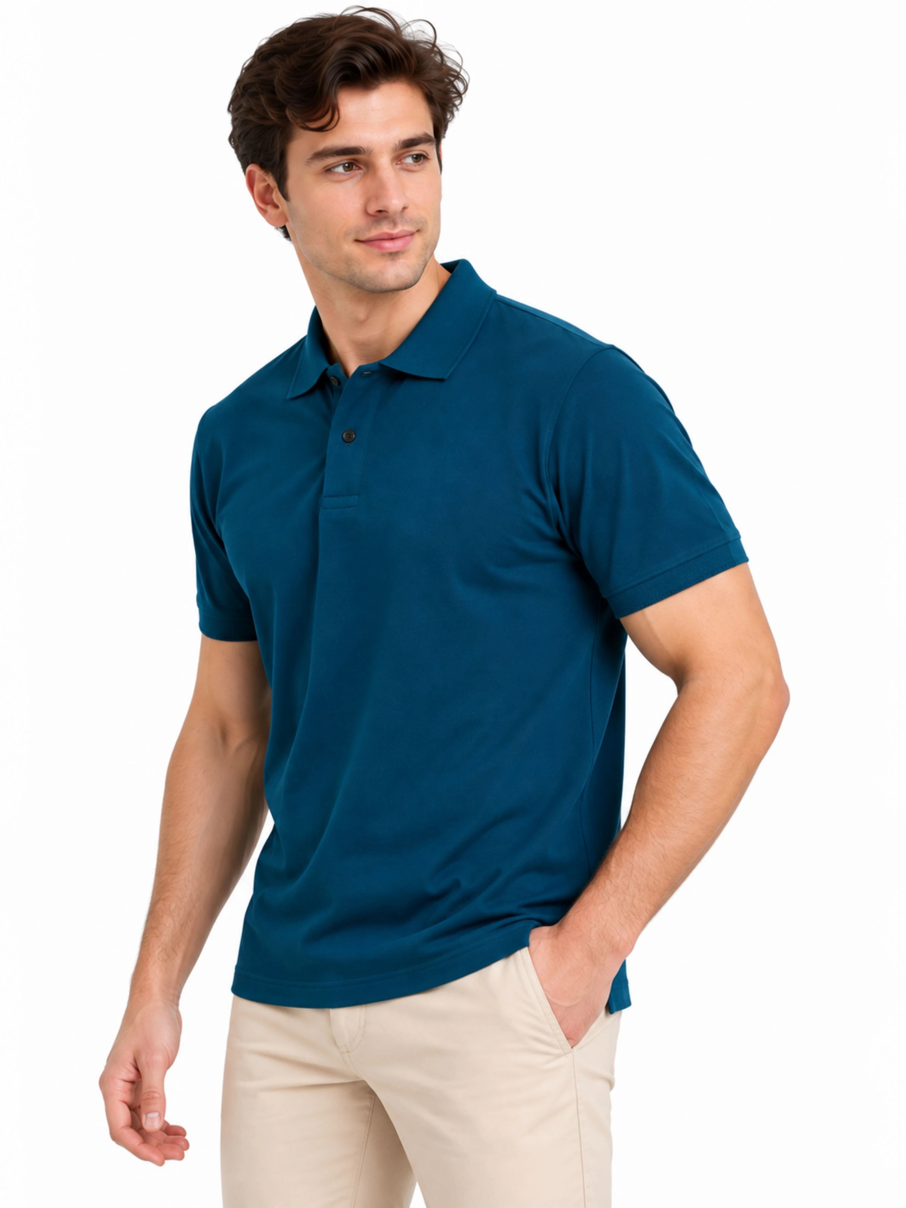 Regular Fit Plain Polo T-Shirt for Men - Deep Teal Blue