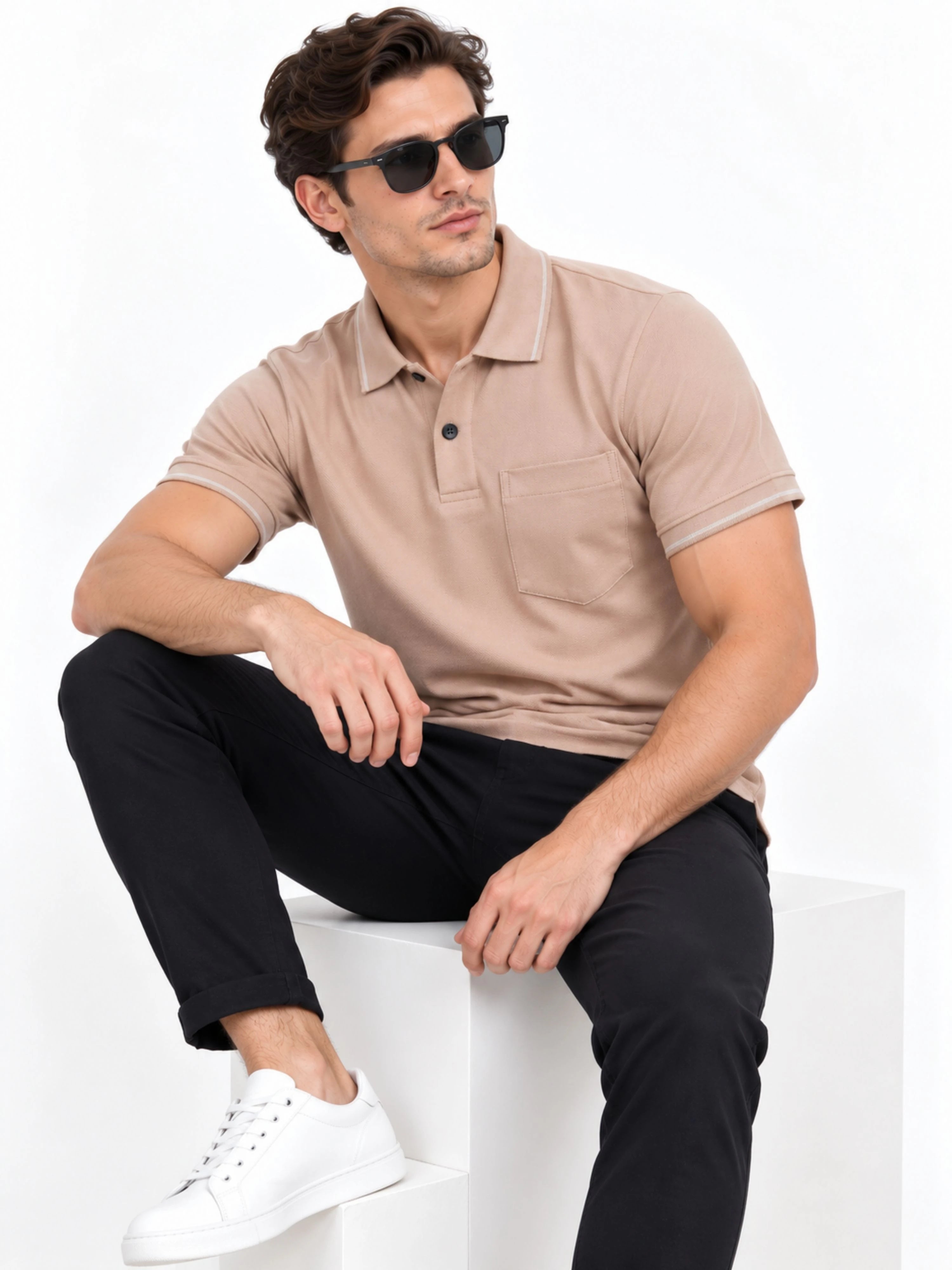 Regular Fit Plain Polo T-Shirt for Men - Warm Sand Beige
