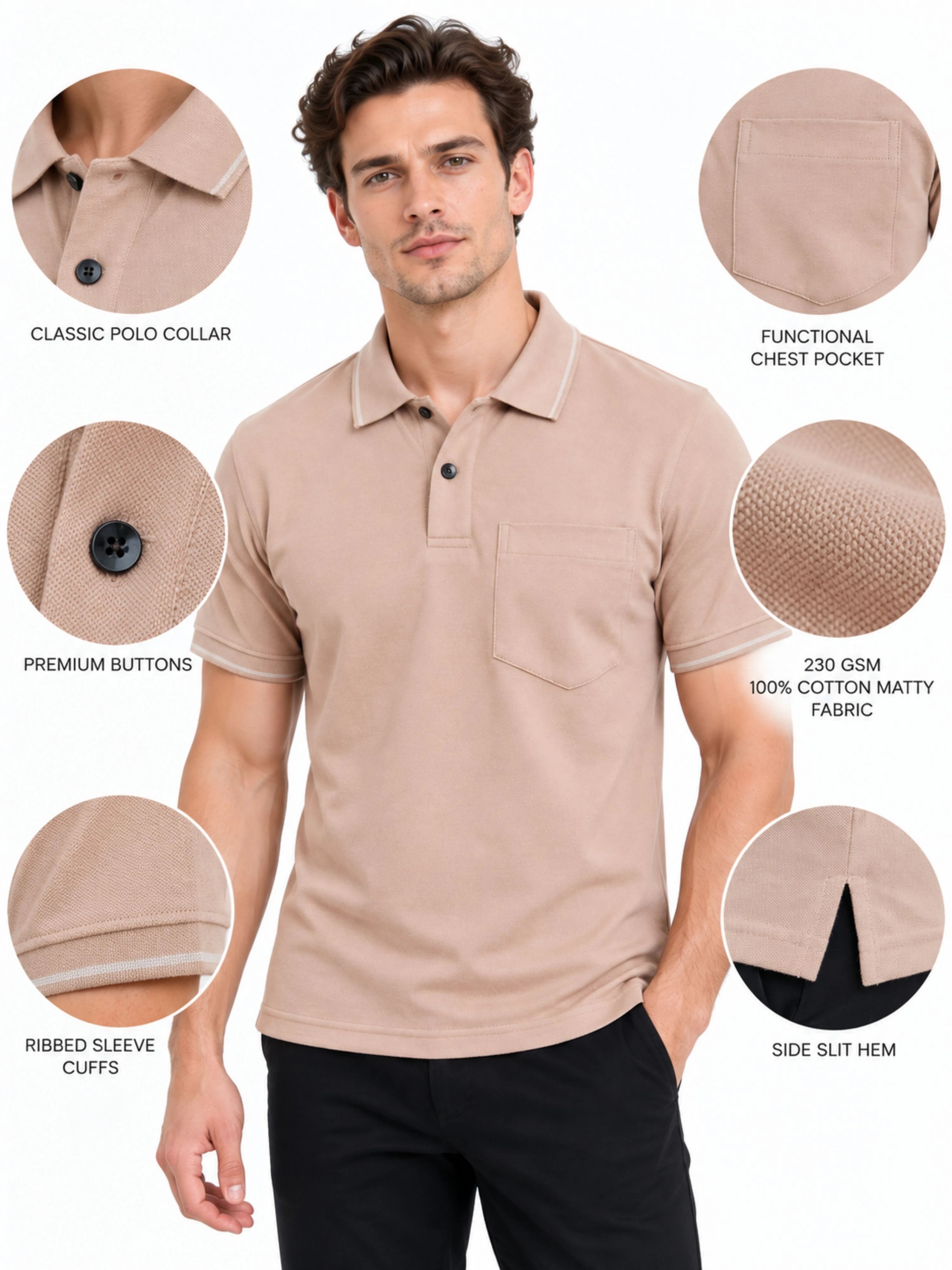 Regular Fit Plain Polo T-Shirt for Men - Warm Sand Beige