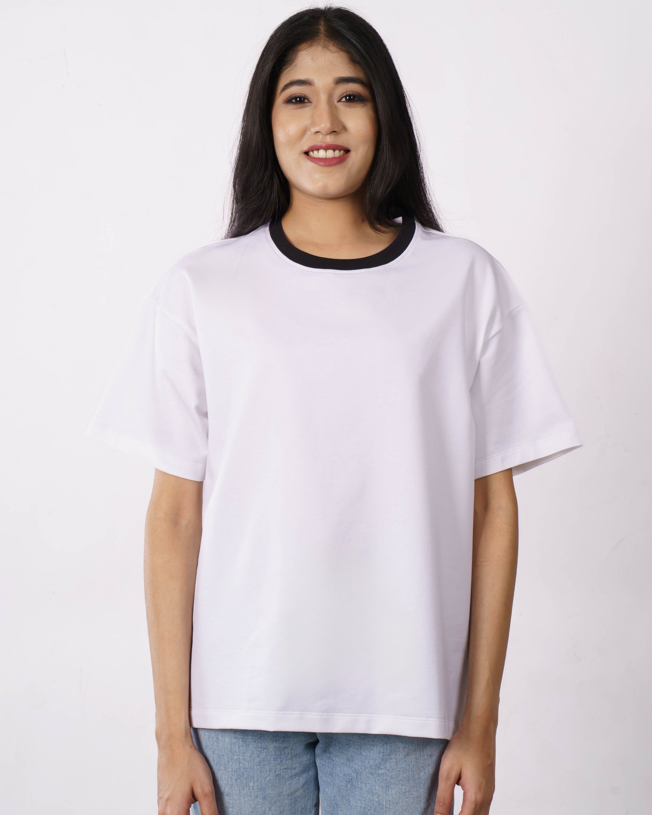 Premium Cotton Terry Lycra Oversized T-Shirt for Women | White | 240 GSM | Ribbed Crew Neck