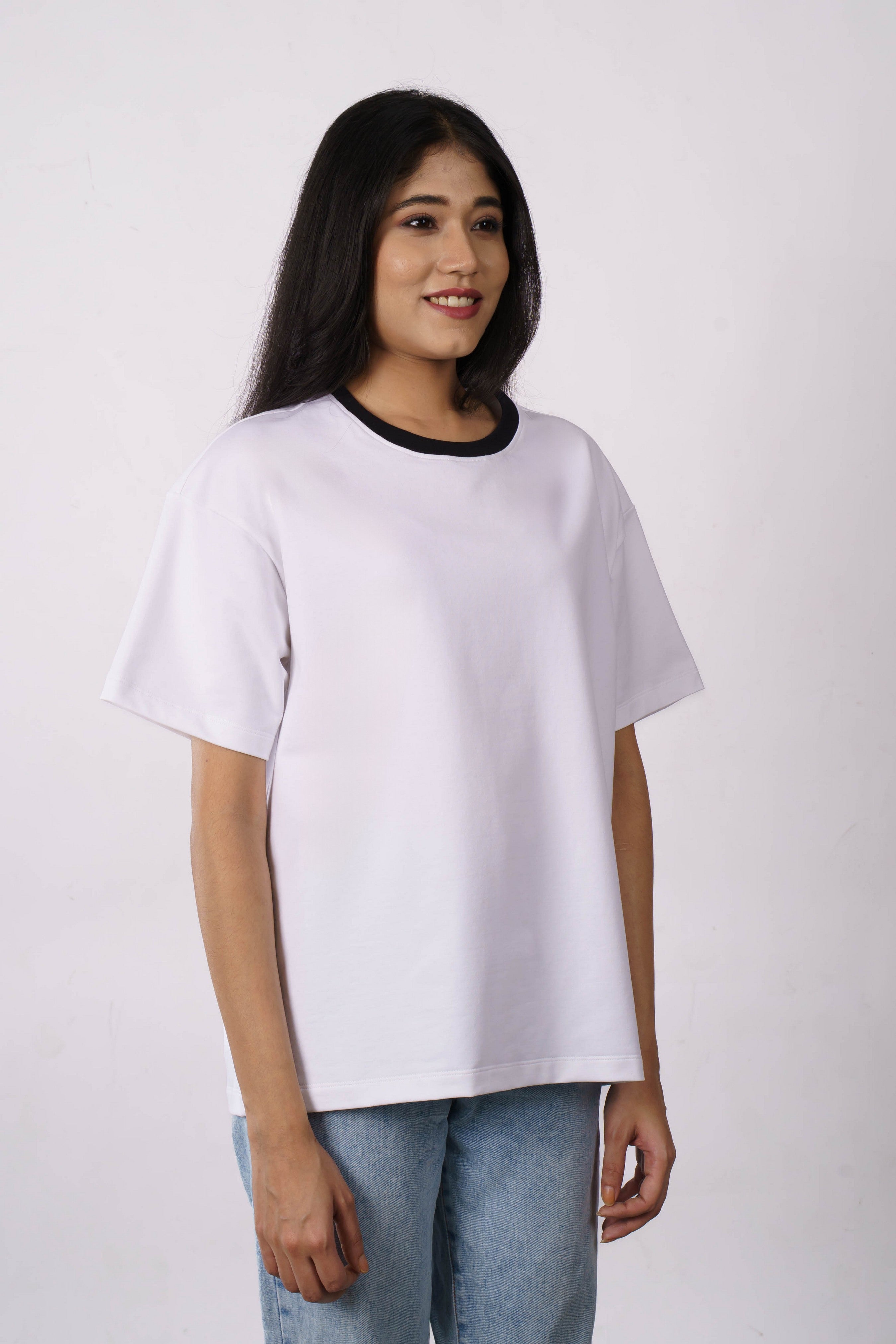 Premium Cotton Terry Lycra Oversized T-Shirt for Women | White | 240 GSM | Ribbed Crew Neck