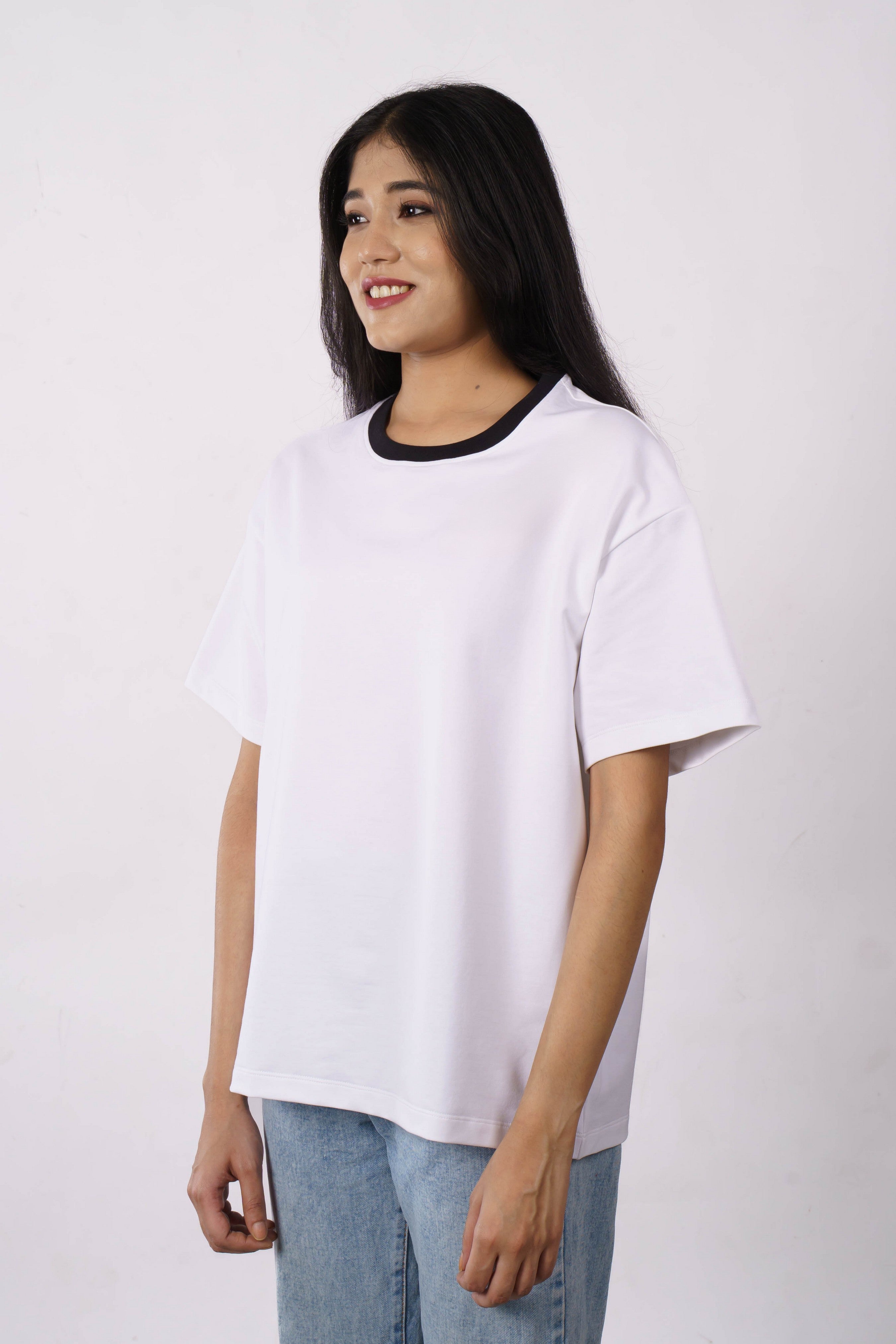 Premium Cotton Terry Lycra Oversized T-Shirt for Women | White | 240 GSM | Ribbed Crew Neck